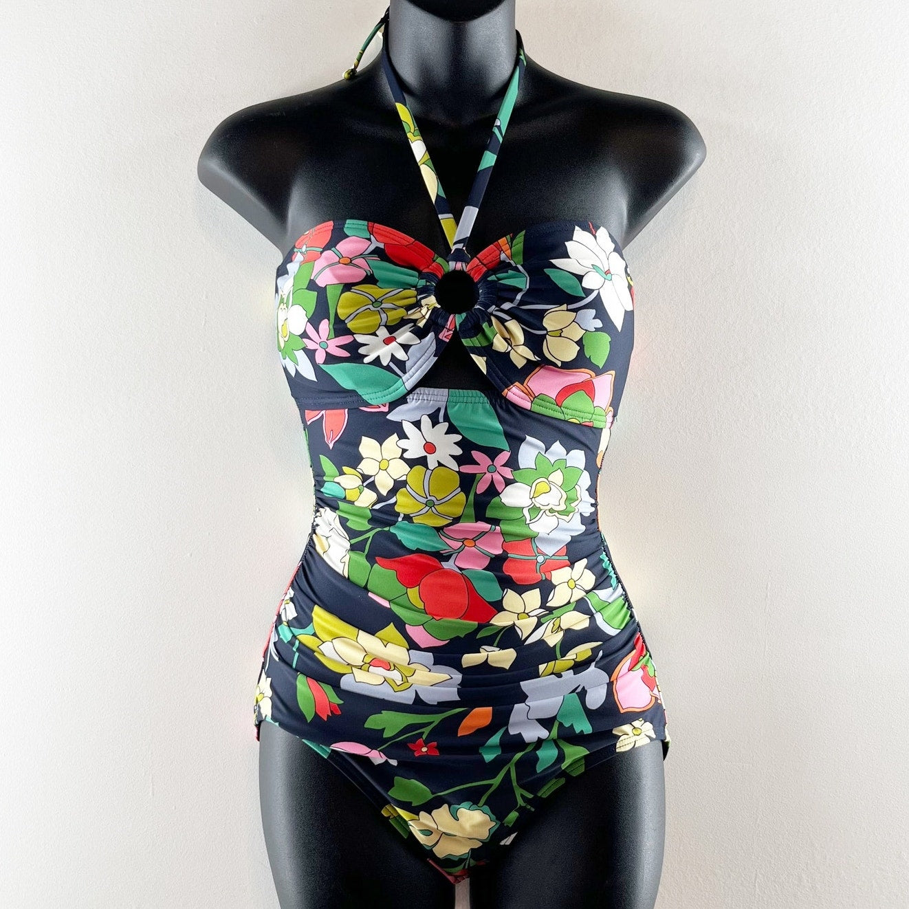 Kate Spade Drawstring Tie Front Bandeau One Piece Swimsuit Flower Bed Small