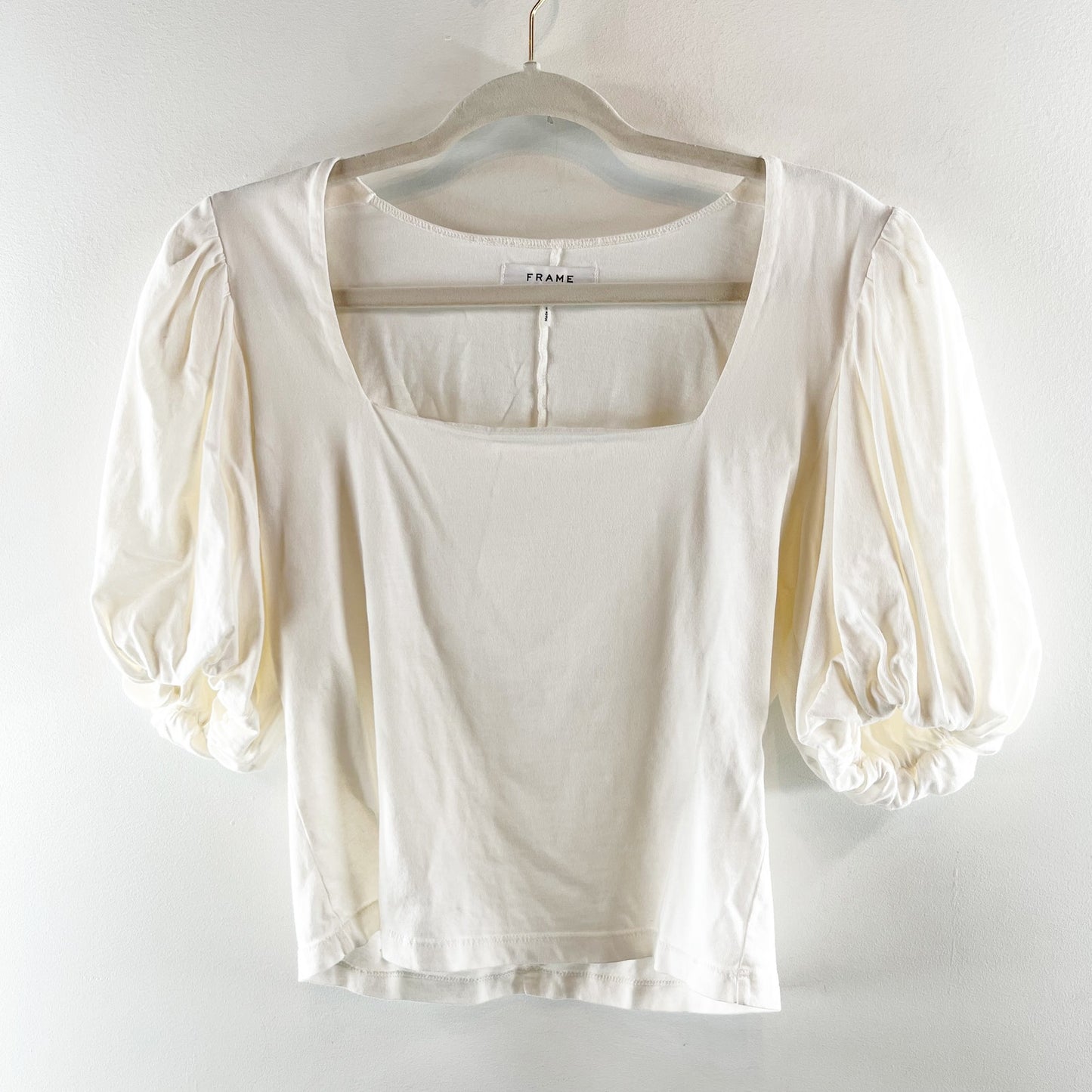 Frame Square Neck Cotton Puff Short Sleeve T-Shirt Top White Small