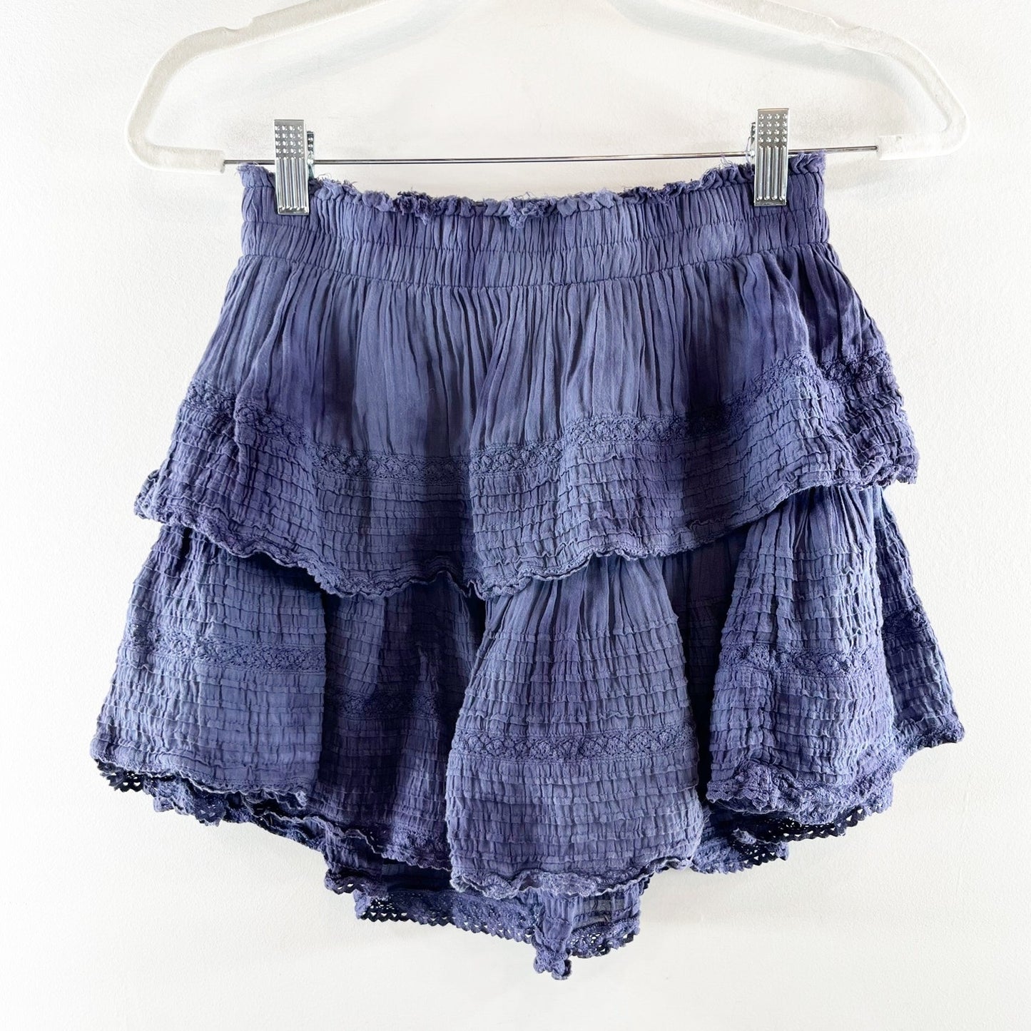 Aerie Tiered Ruffle Cotton Smocked Waist Tie Dye Mini Skirt Blue Small