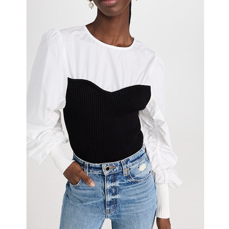 En Saison Mixed Media Long Sleeve Sweetheart Neck Top White Black Small
