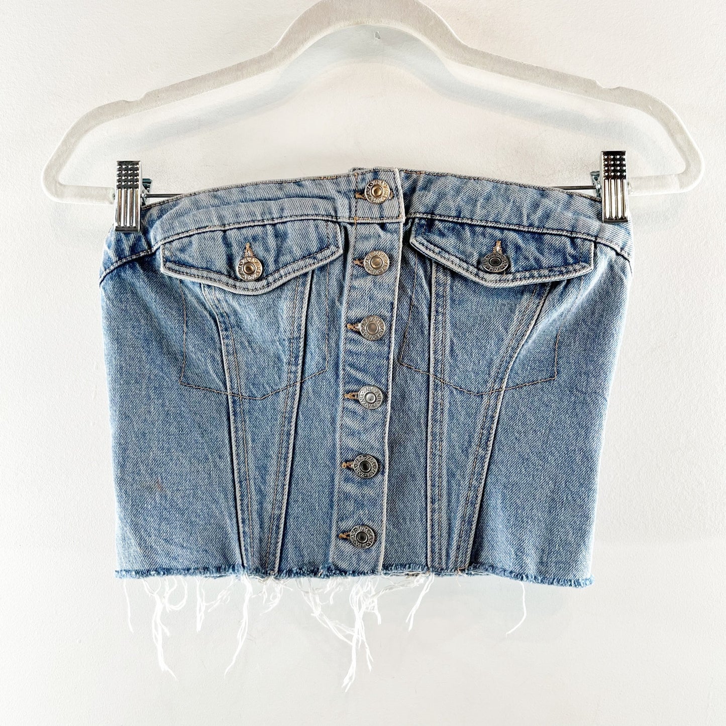ZARA Strapless Denim Corset Button Up Tube Crop Top Blue Medium