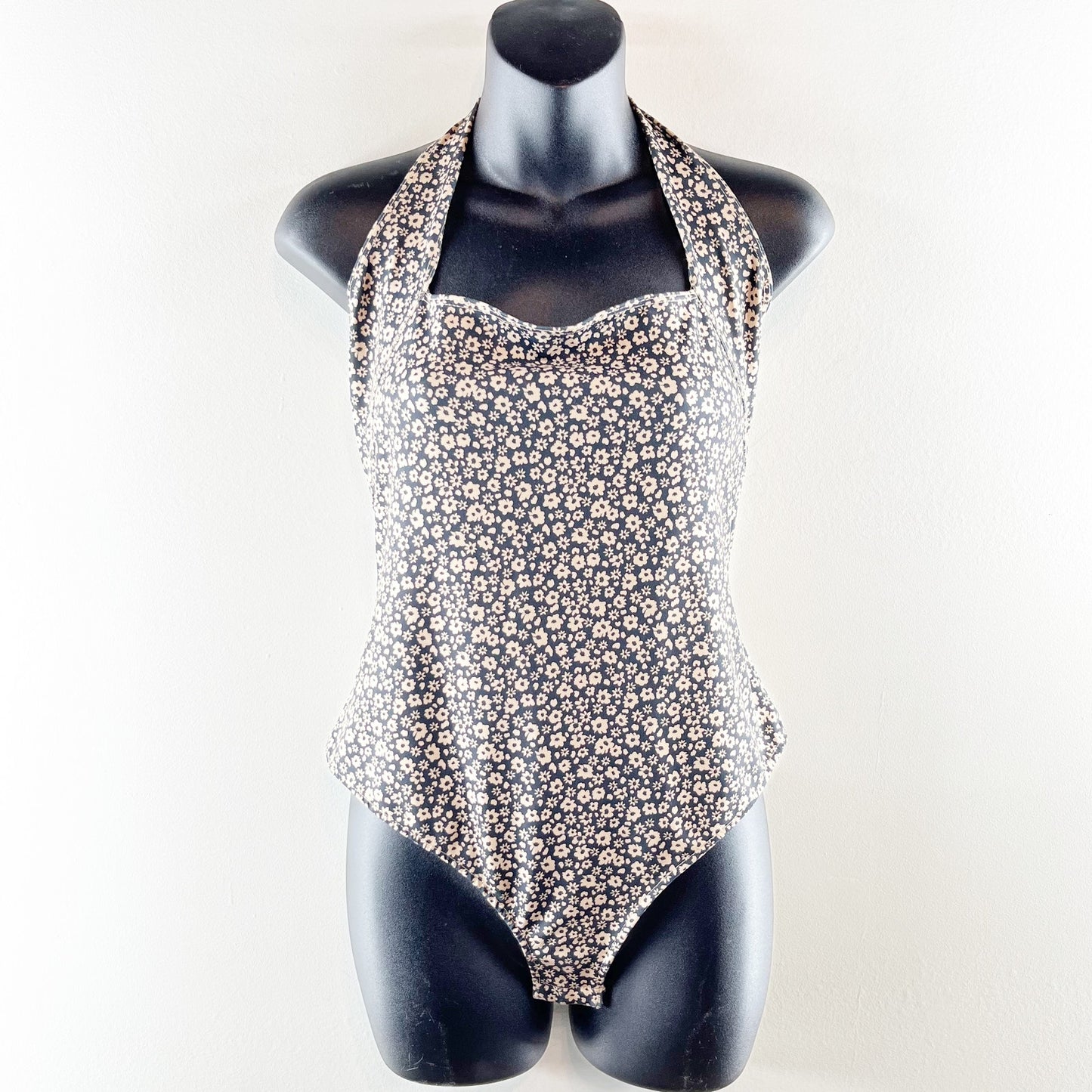 Free People Talk Back Square Neck Floral Halter Bodysuit Tank Top Black Medium