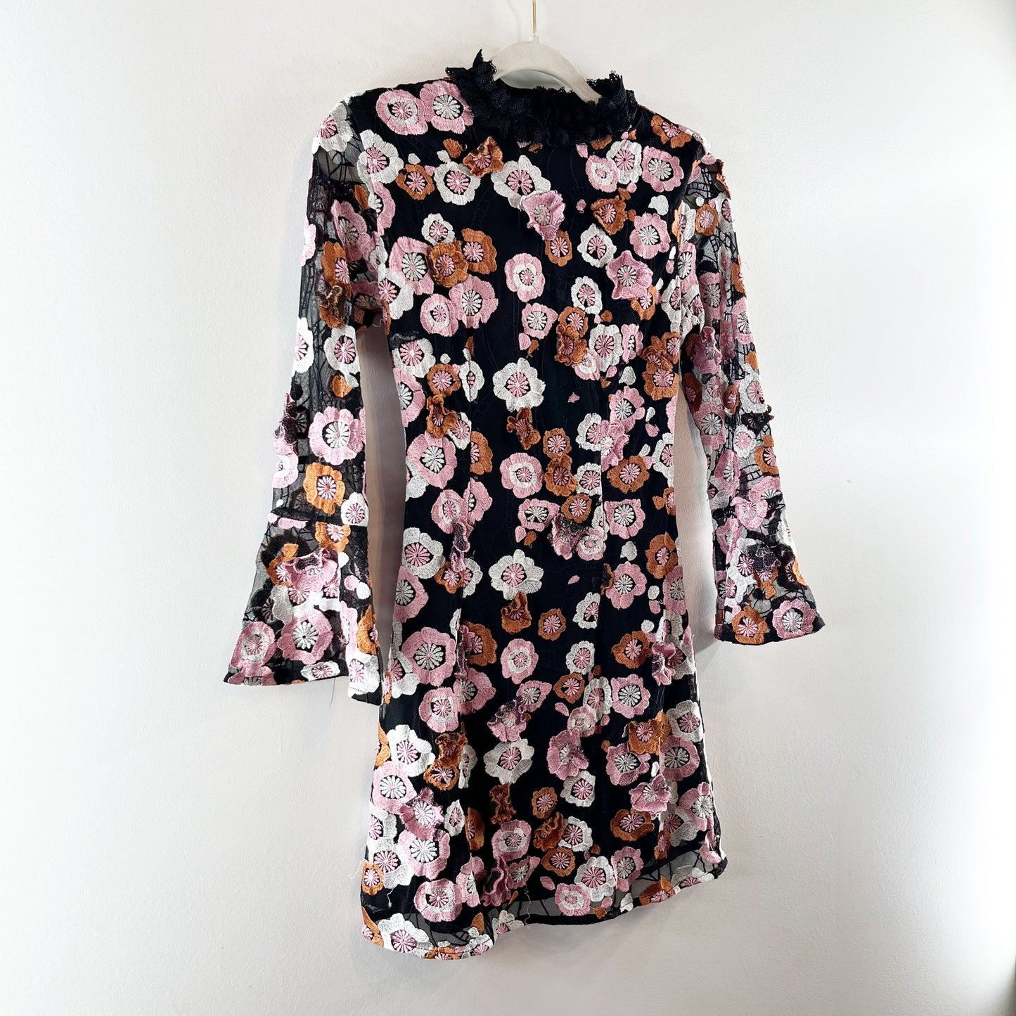 French Connection 3D Floral Applique Mini Dress Pink Black 4