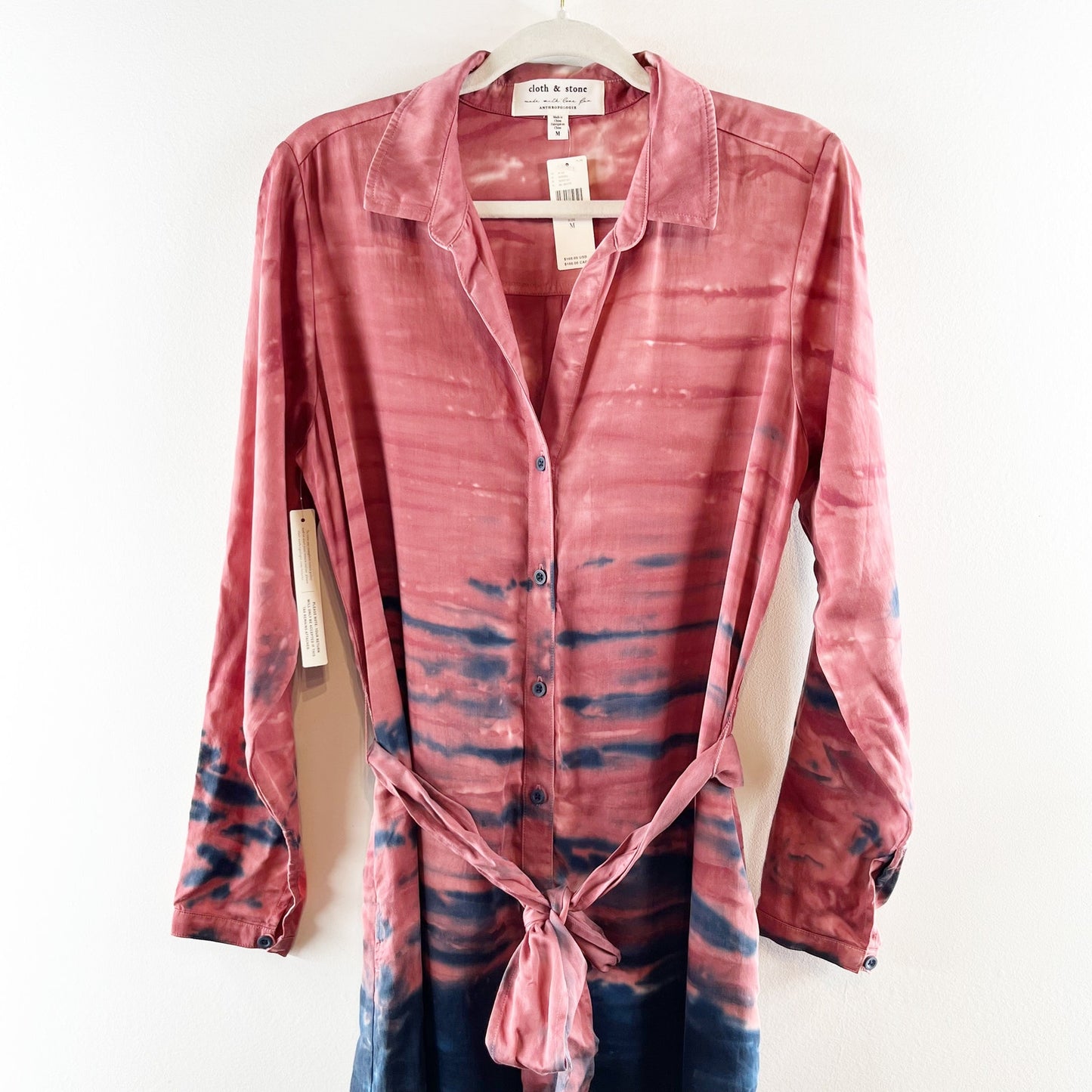 Cloth & Stone Claudia Tie Dye Long Sleeve Maxi Shirtdress Red Blue Medium