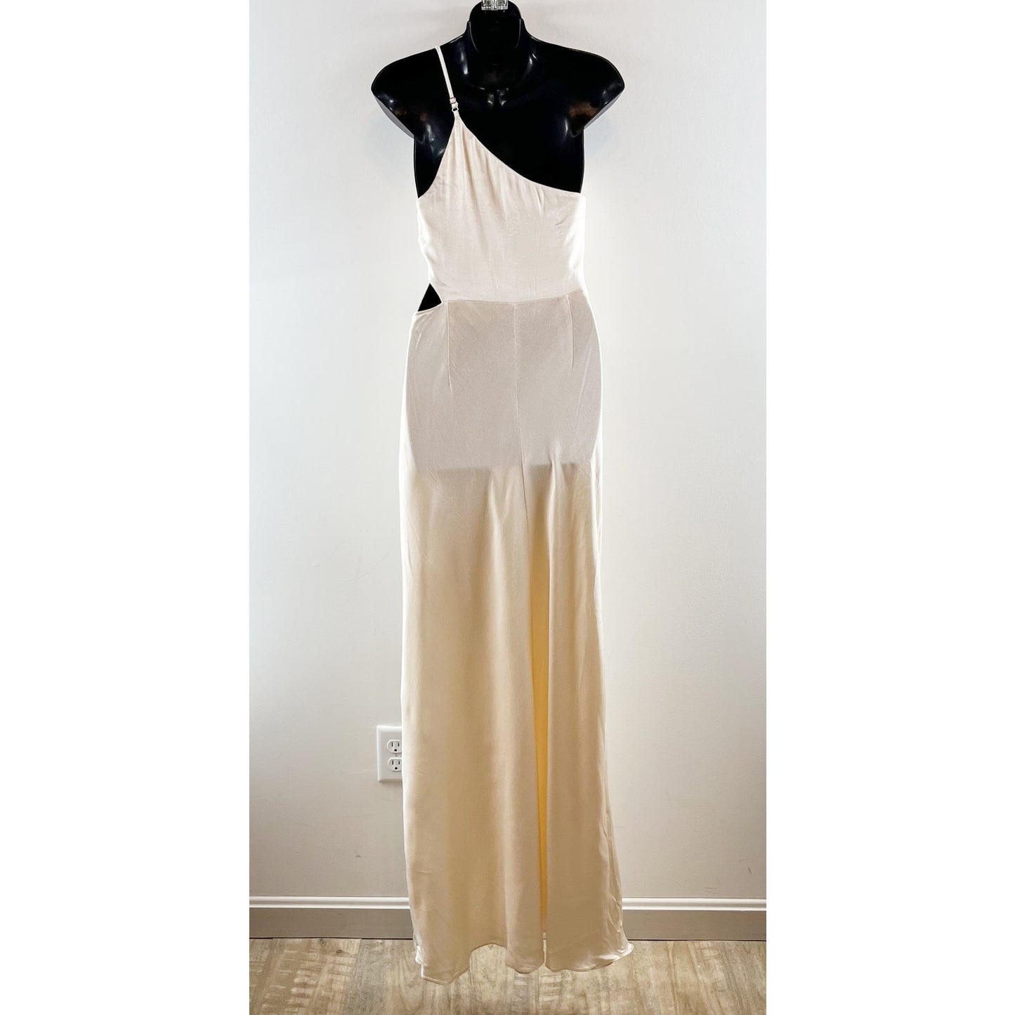 Shona Joy La Lune One Shoulder Side Cutout Slit Slip Maxi Dress Gown Cream Ivory