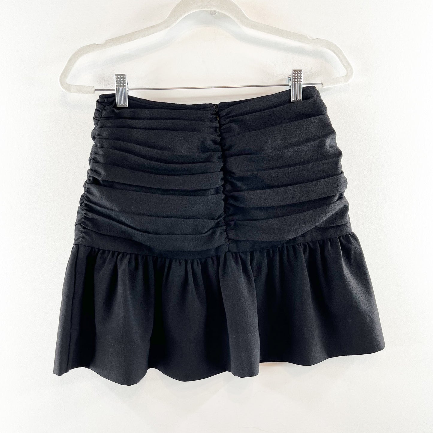 Ganni Heavy Crepe High Waisted Ruched Ruffle Hem A-Line Mini Skirt Black 34