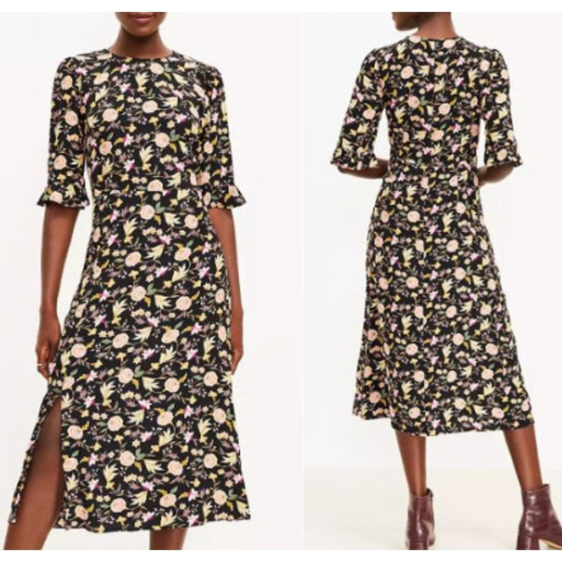 LOFT Floral Print Ruffle Sleeve Side Slit Viscose Shift Midi Dress Black 12