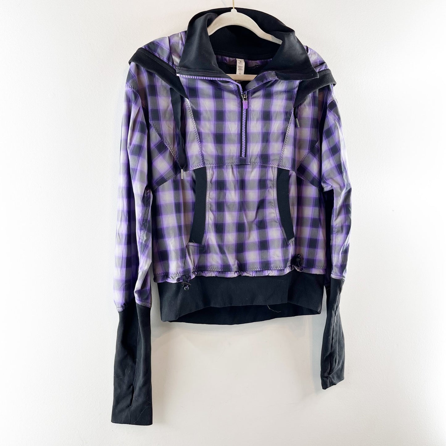 Lululemon Run Reflection 1/2 Zip Long Sleeve Plaid Hoodie Jacket Purple Black 10