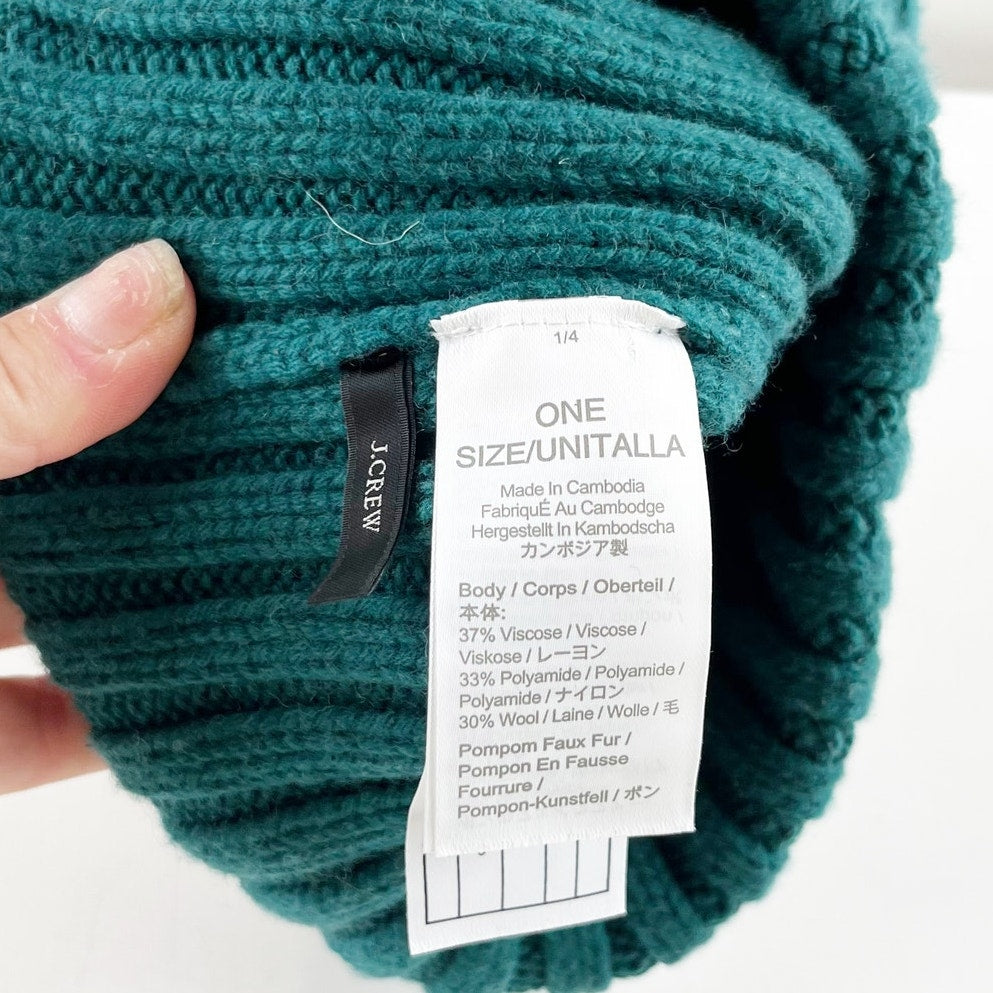 J. Crew Ribbed Faux Fur Pom Pom Beanie Wool Blend Hat Green