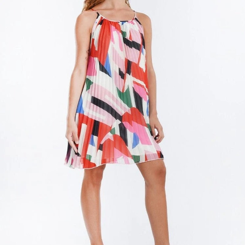 Molly Bracken Tara Sleeveless Geo Print Plisse Pleated Mini Dress Pink Large