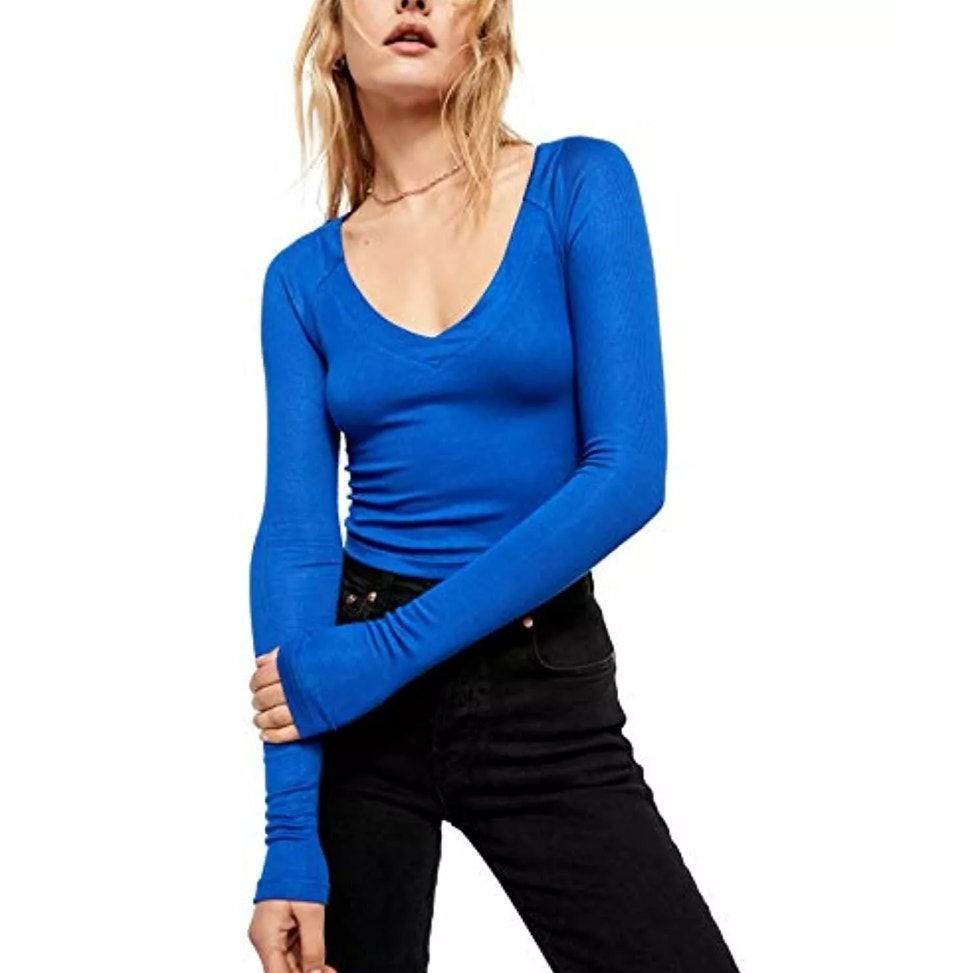 Free People Long Sleeve Looking Forward Back Cutout Tie Crop Top Blue Small