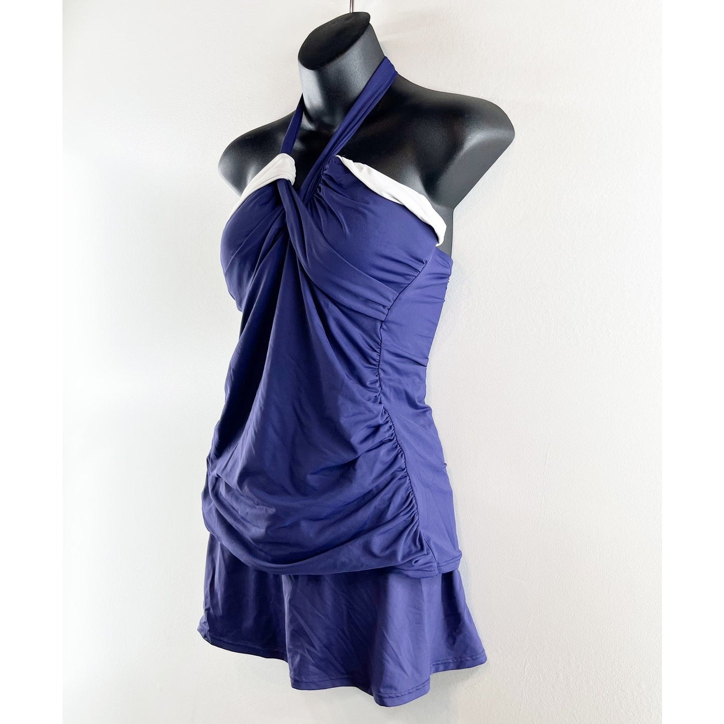 Anne Cole Two Piece Twist Front Halter Tankini Skirt Bikini Set Blue M / L