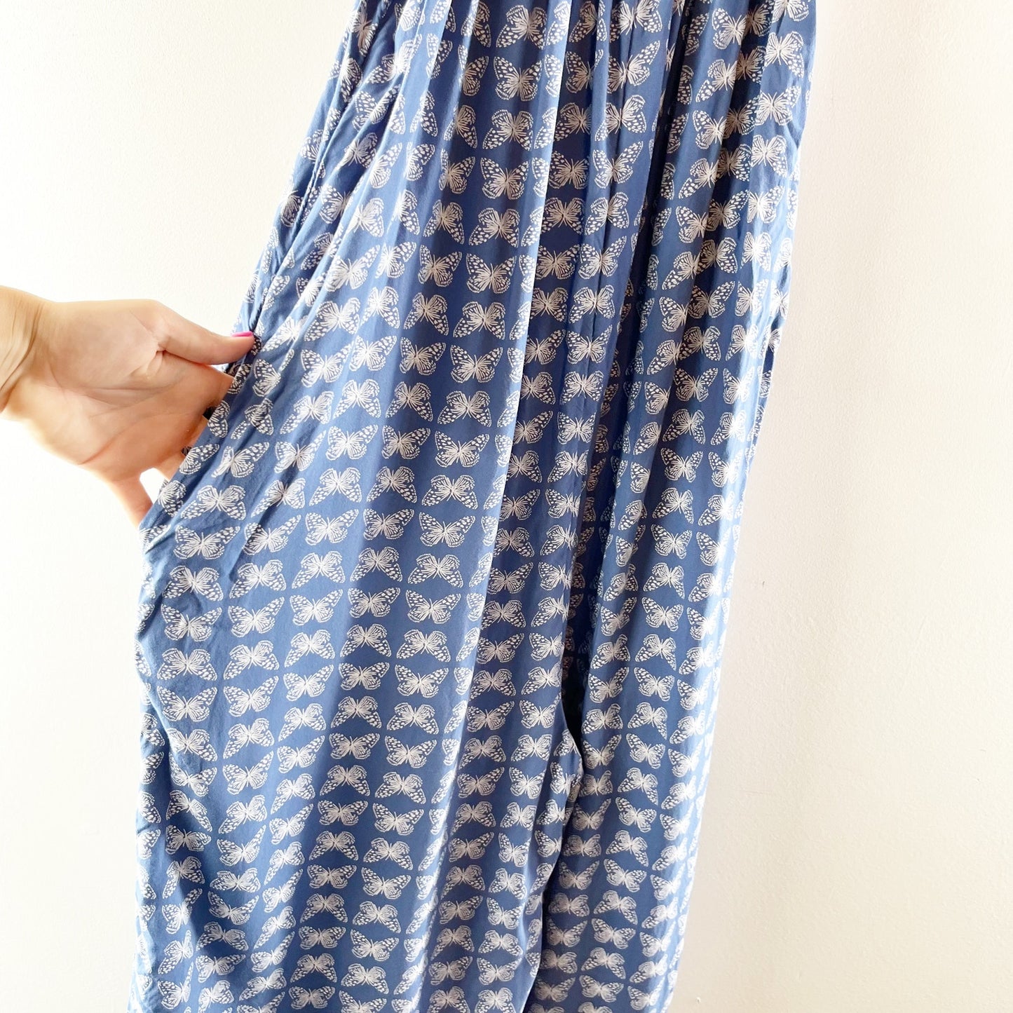 Aerie Butterfly Print Sleeveless Scoop Neck Cropped Wide Leg Jumpsuit Blue XS