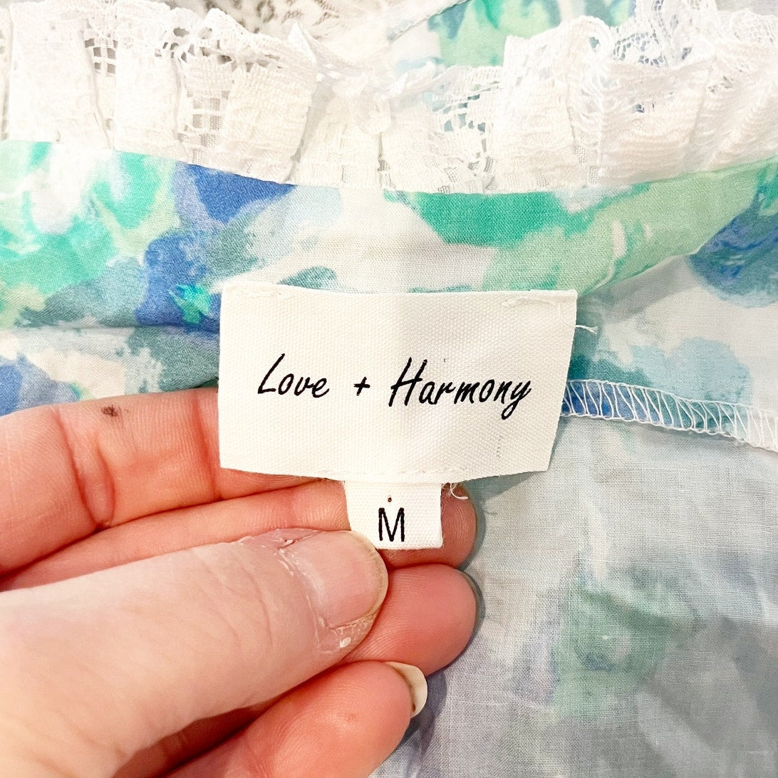 Love + Harmony Sleeveless Floral Tie Front Crop Lace Trim Tank Top Blue Medium