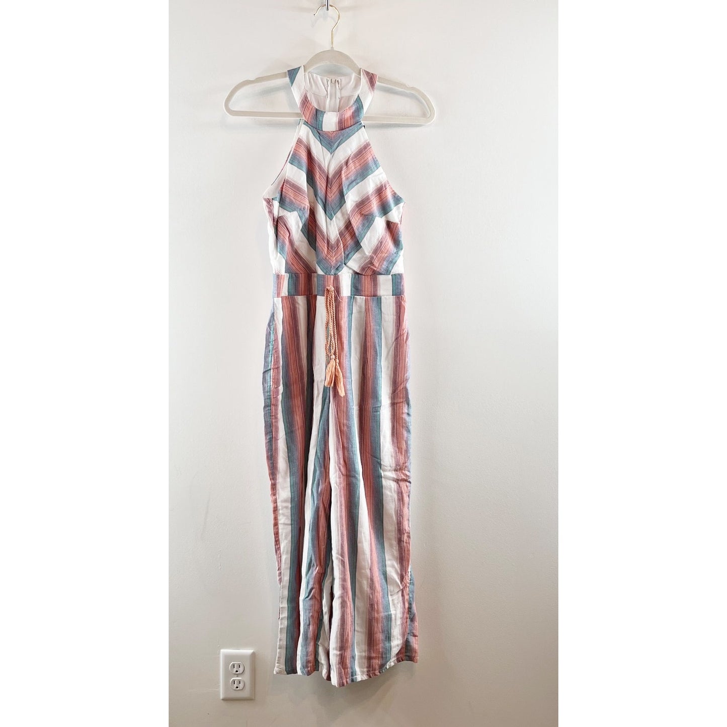Crystal Sky Halter Neck Sleeveless Flare Leg Striped Tasseled Jumpsuit Pink 5