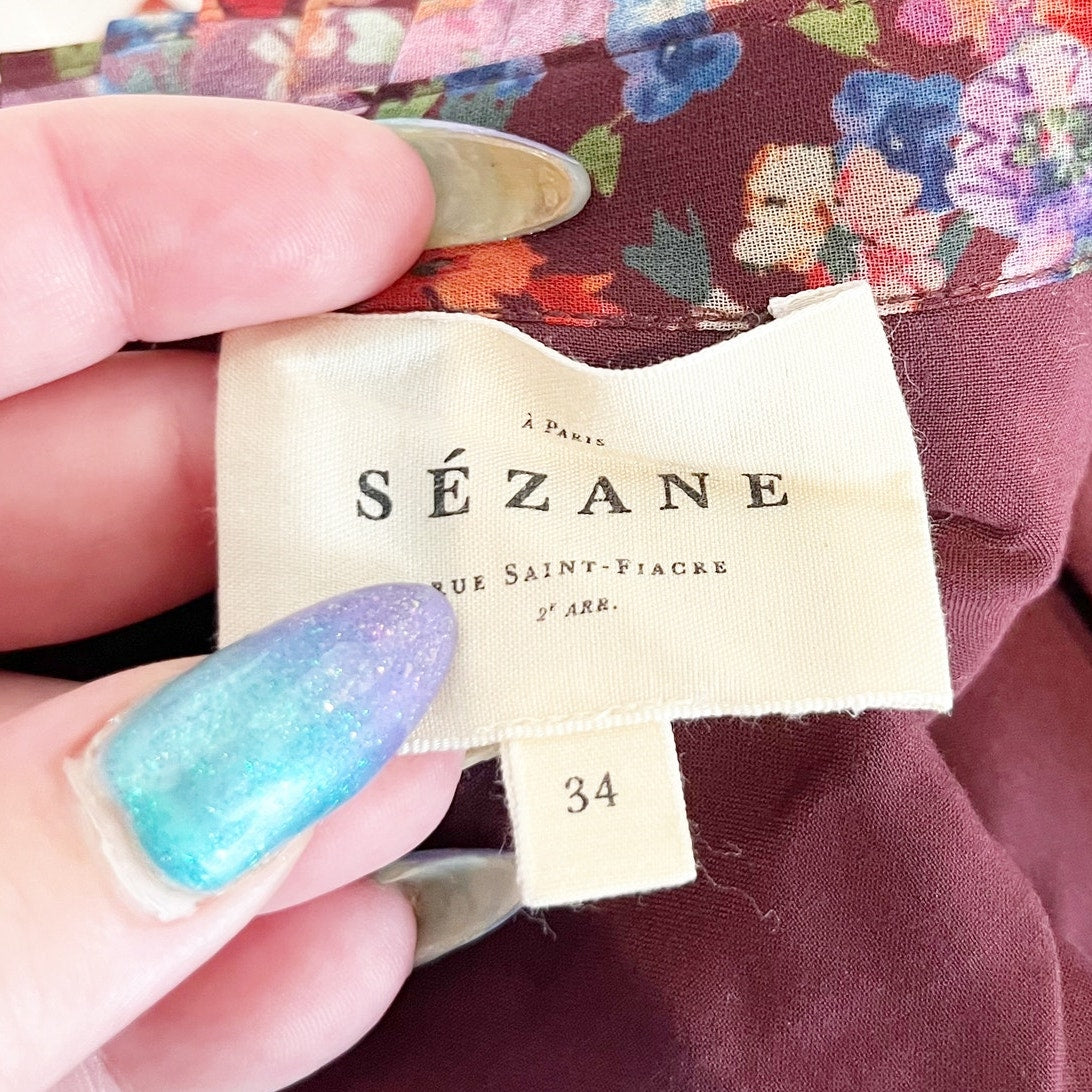 Sezane Dany Button Up Shirt Blouse Floral Ruffle Long Sleeve Purple 34 / US 2-4