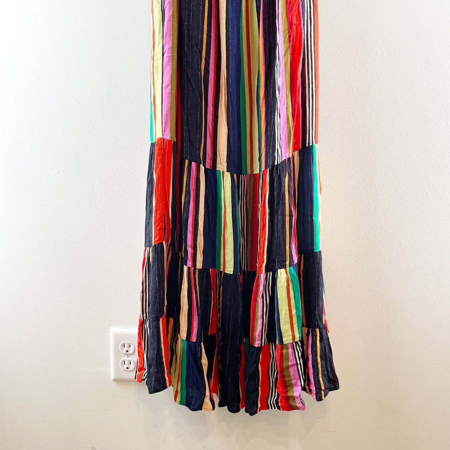Farm Rio Rainbow Shimmer Striped Sleeveless Tiered Maxi Dress Small