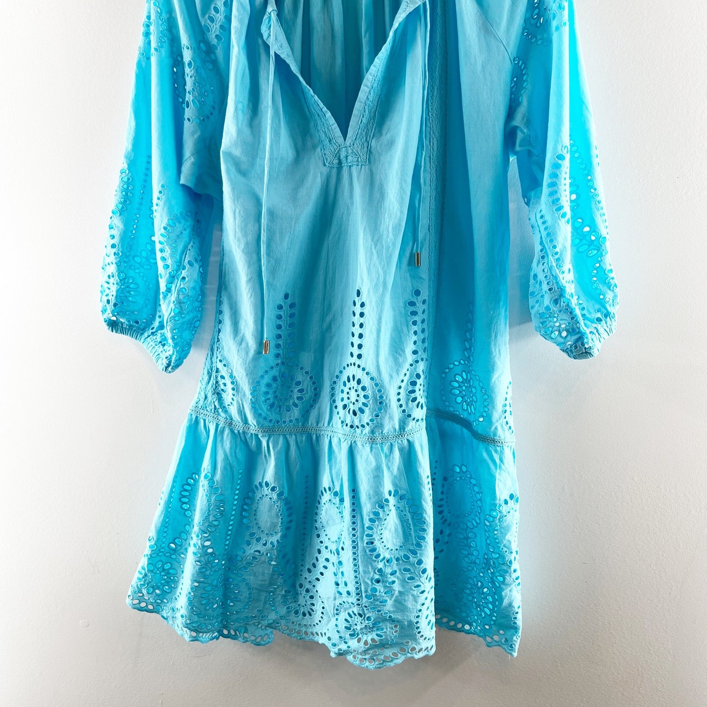 Melissa Odobash Ashley Cotton Swim Cover Up Mini Kaftan Dress Turquoise Medium