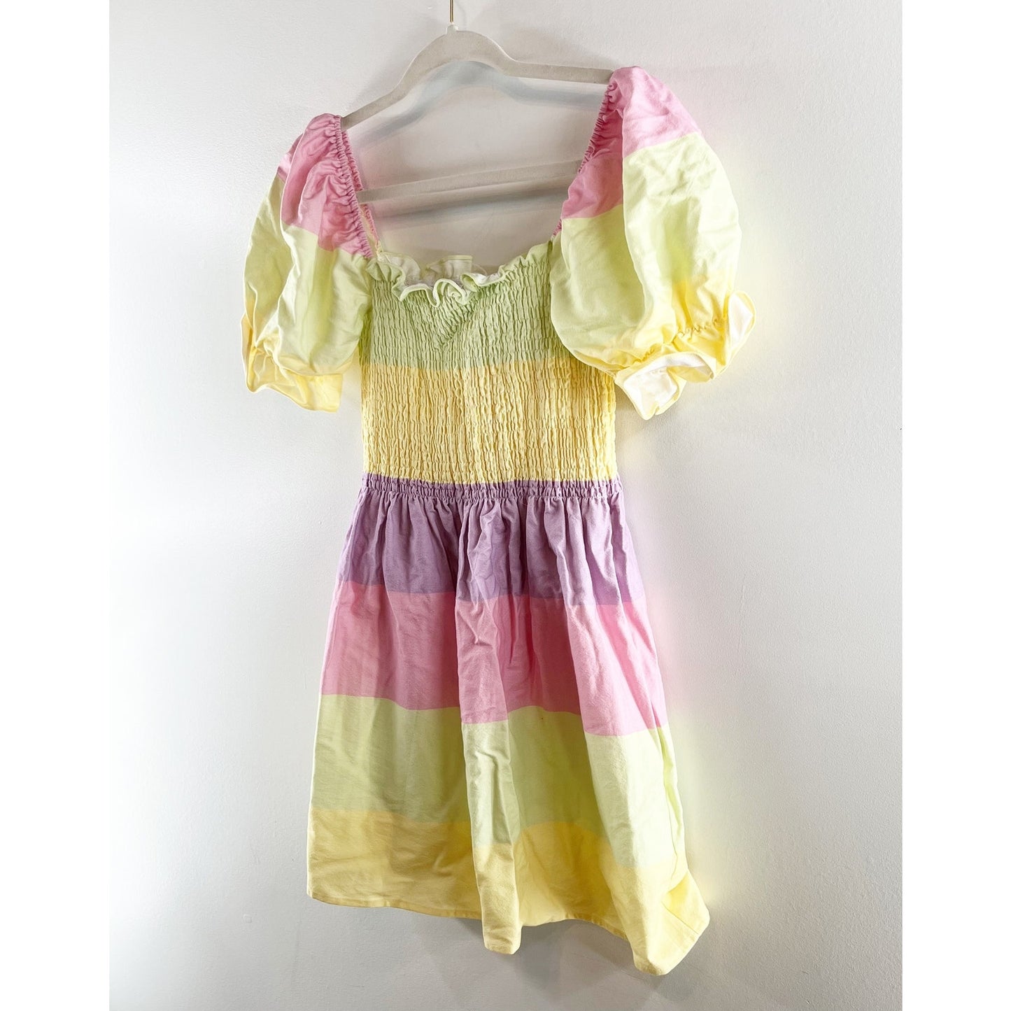 Olivia Rubin Emilie Striped Pastel Puff Sleeve Mini Dress Yellow Pink 2