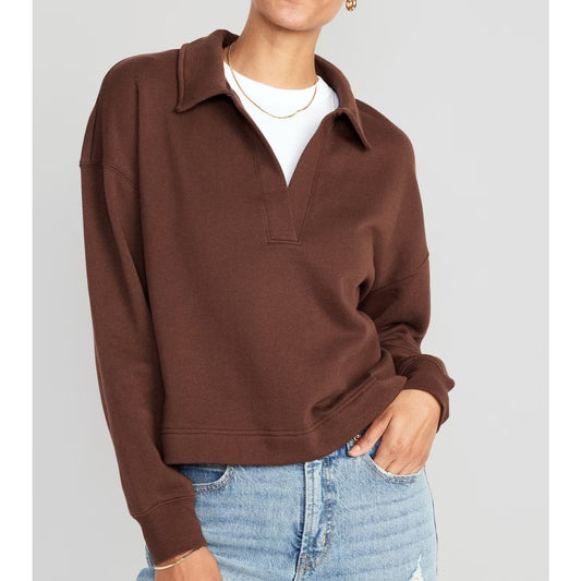 Old Navy Polo Collared Fleece Pullover Sweatshirt Espresso Bark Brown Medium