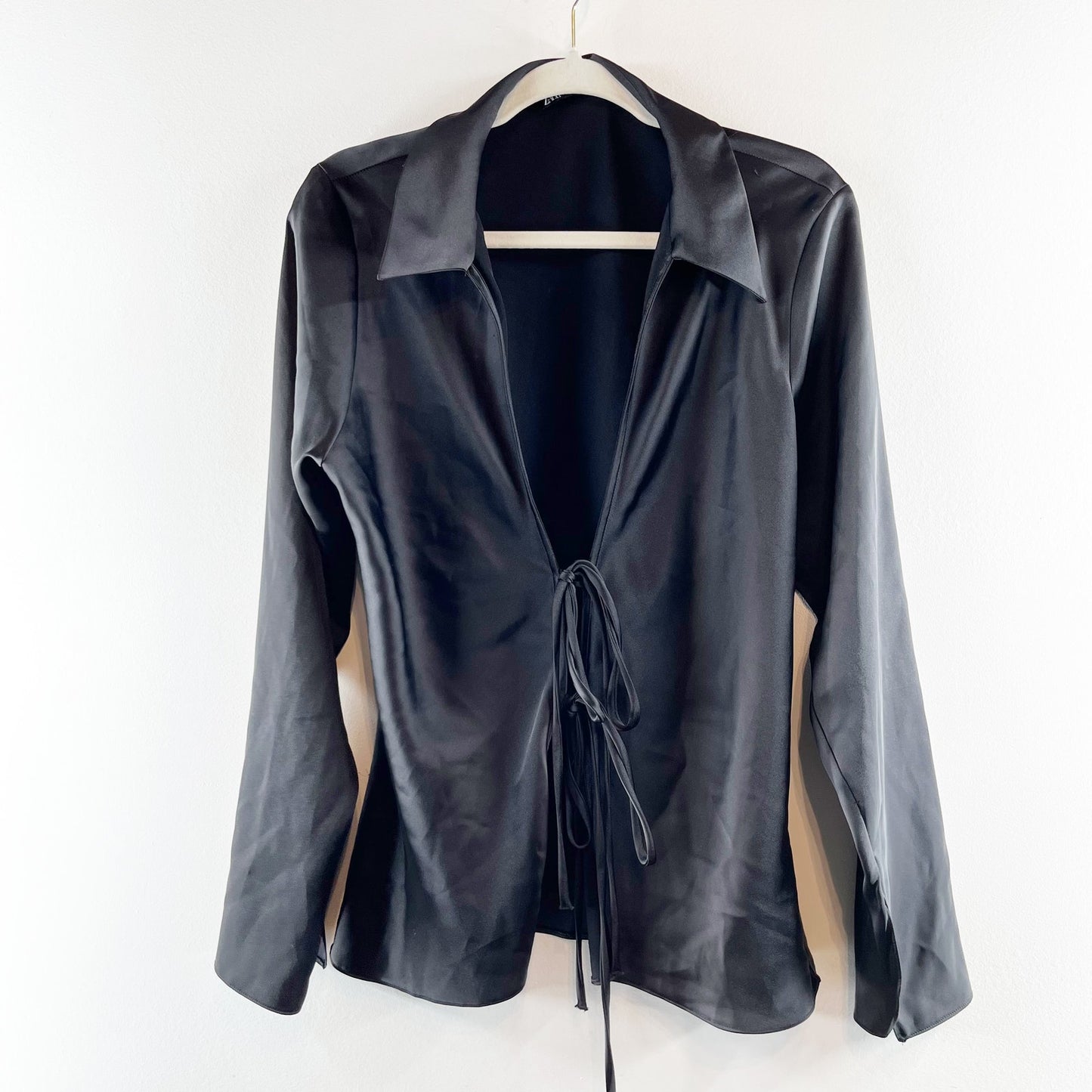 Zara Tie Front Long Sleeve Satin Blouse Shirt Black XL
