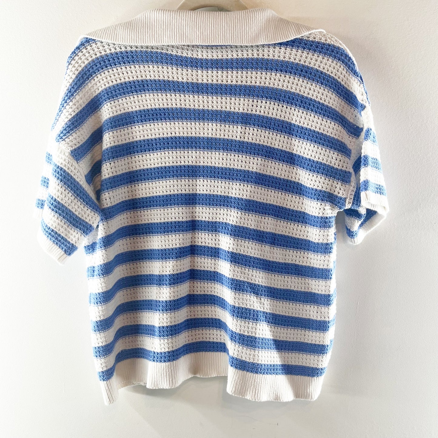 LOFT Striped Short Sleeve Collared Knit Pullover Sweater White Blue Large