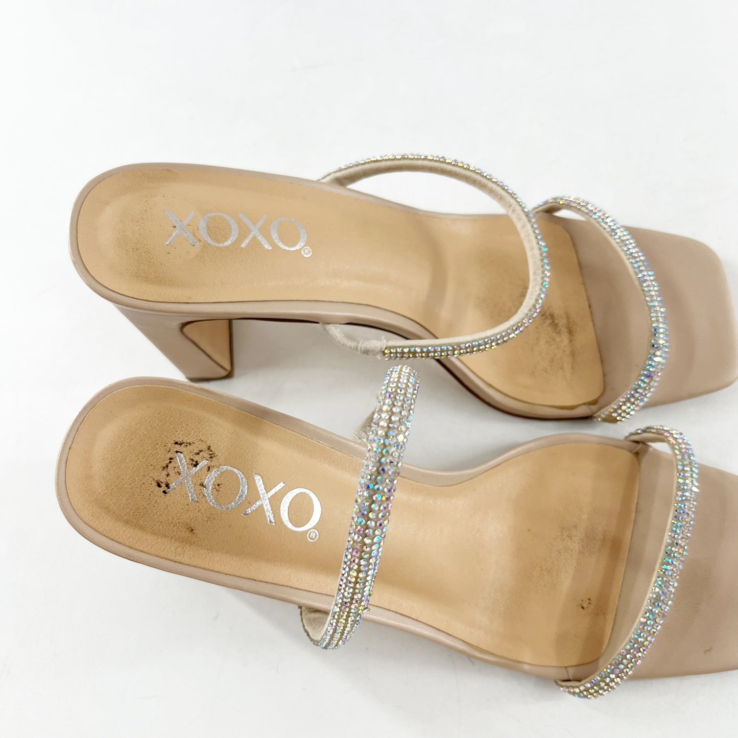 XOXO Folee Double Rhinestone Square Toe Block Heel Sandals Nude 7.5
