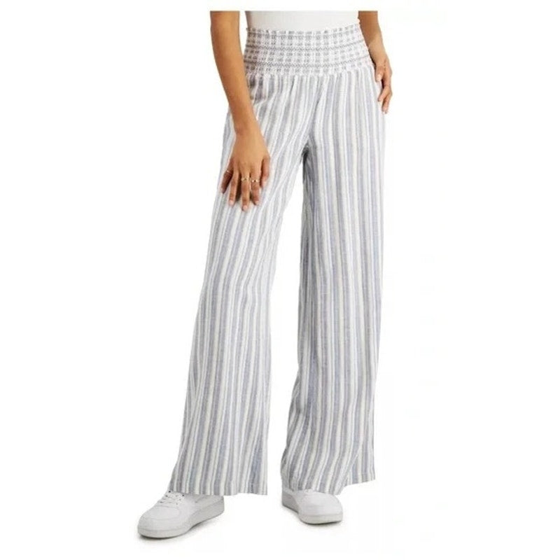 Rewash Smocked Waist Striped Wide Leg Linen Blend Pants White Blue XL