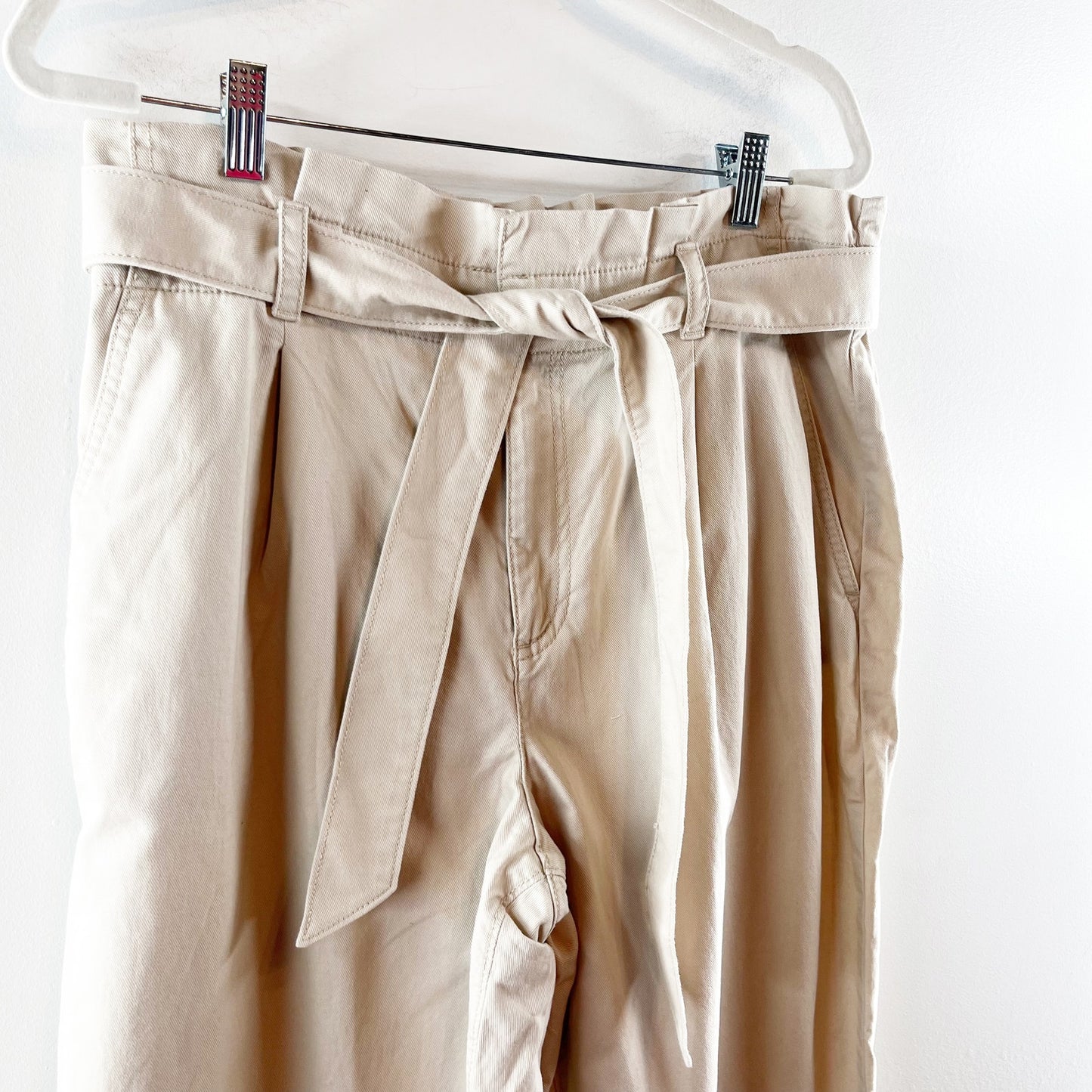 Loft Paperbag High Waisted Belted Tapered Straight Leg Pants Khaki Tan 14