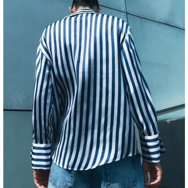 Zara Striped Print Long Sleeve Collared Button-Up Shirt Navy Blue White Medium