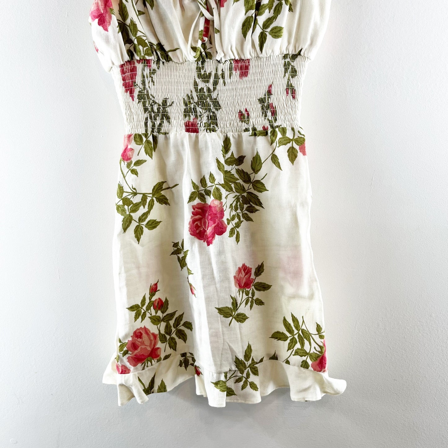 Reformation Rosemary Floral Print Linen Smocked Waist Mini Dress White 4