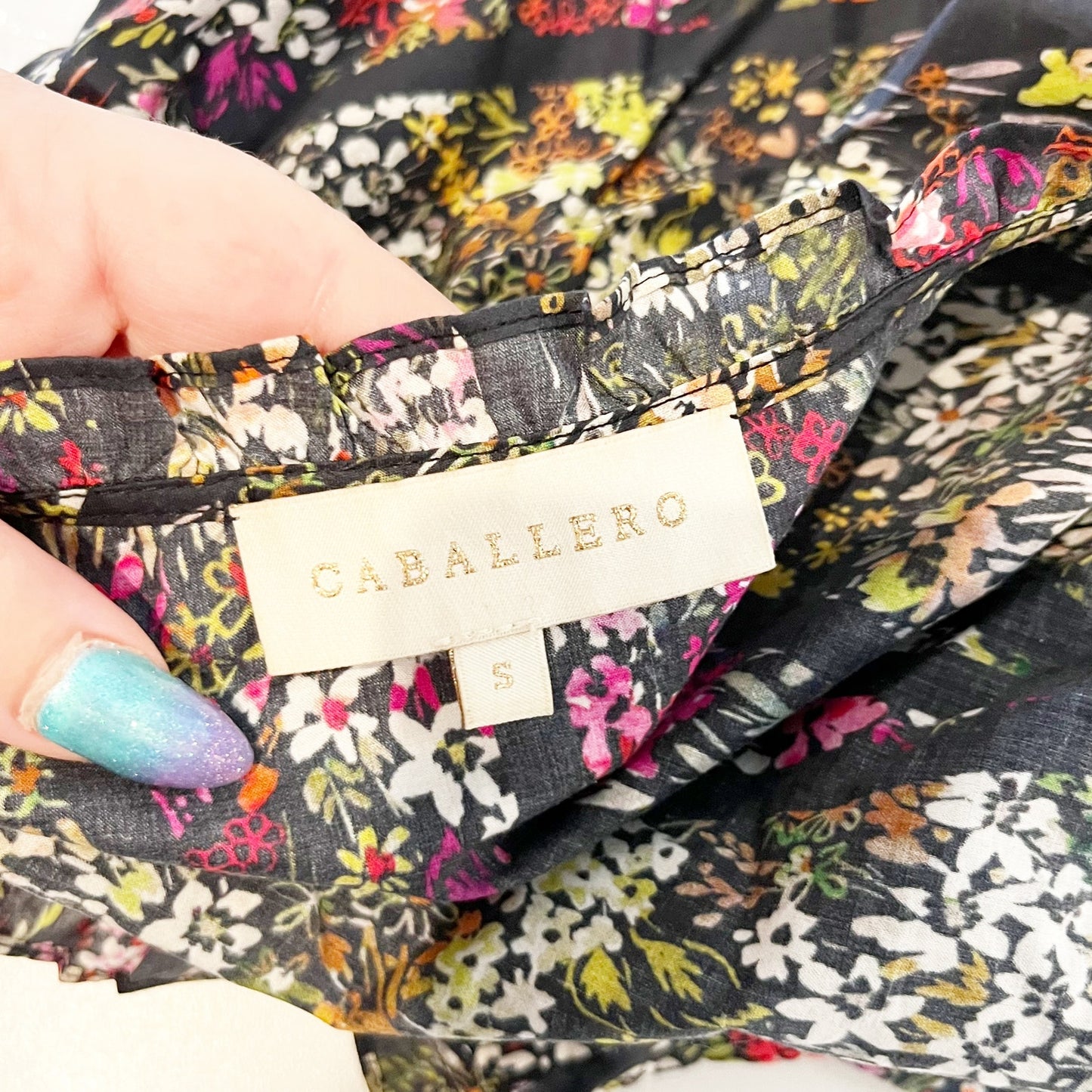 Caballero Celeste Puff Sleeve Floral Print Blouse Top Green Purple Small
