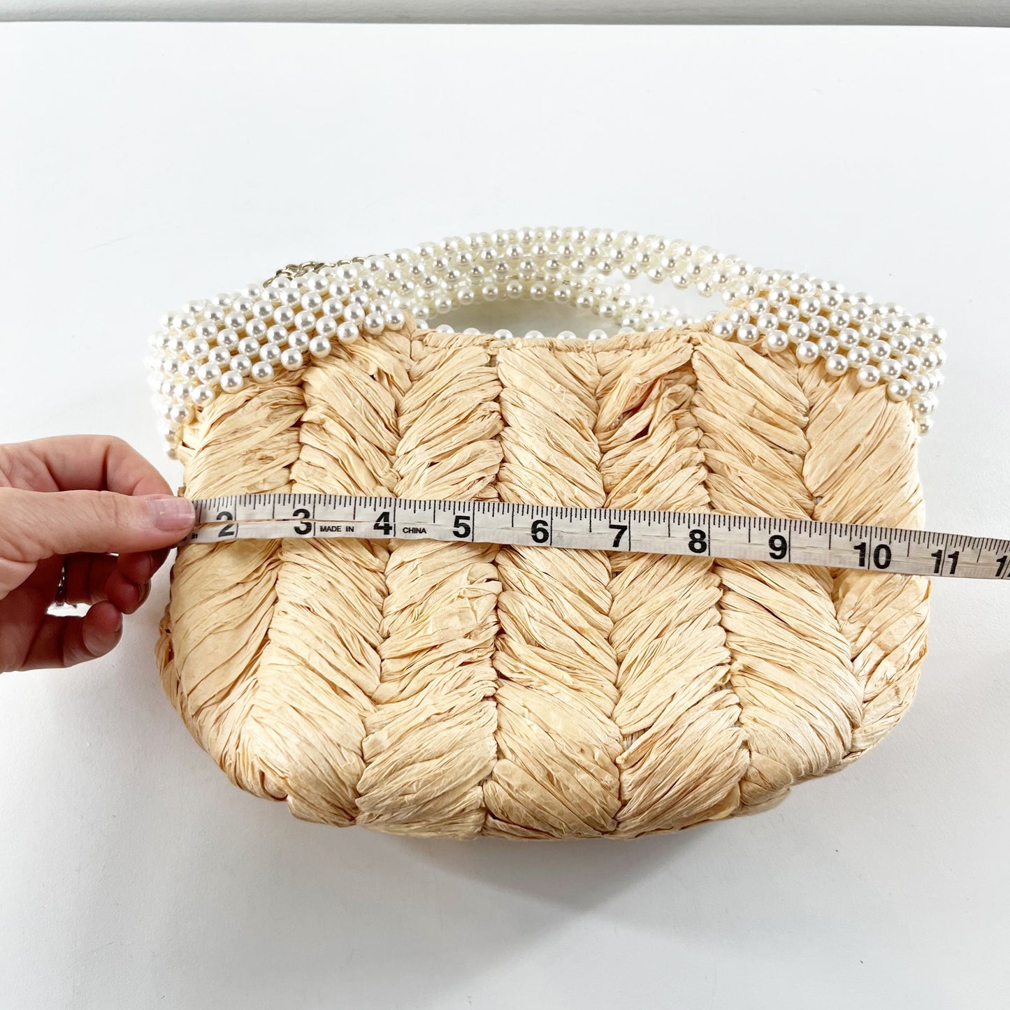 Zara Faux Beaded Basket Handbag Purse with Chain Crossbody Strap Natural Tan