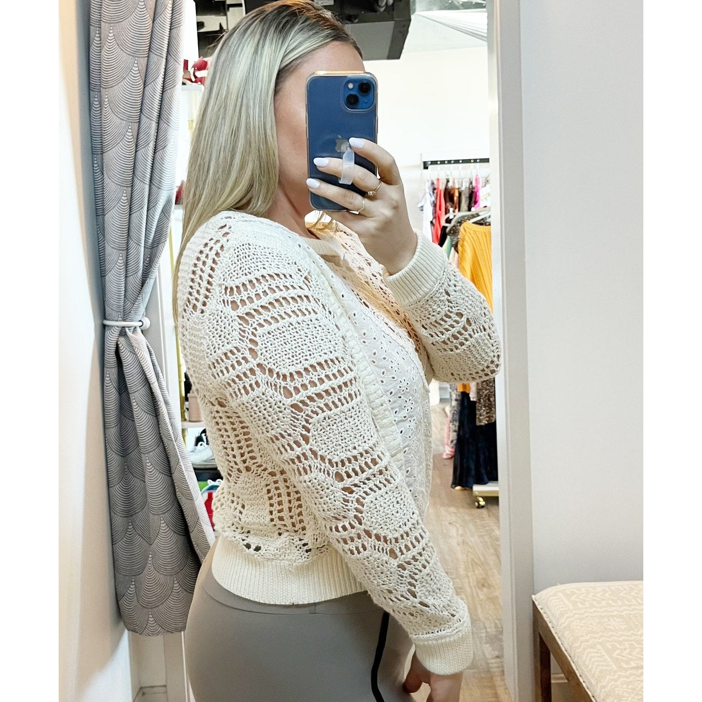 Free People Cotton Crochet Long Sleeve Crewneck Sweater Ivory Large