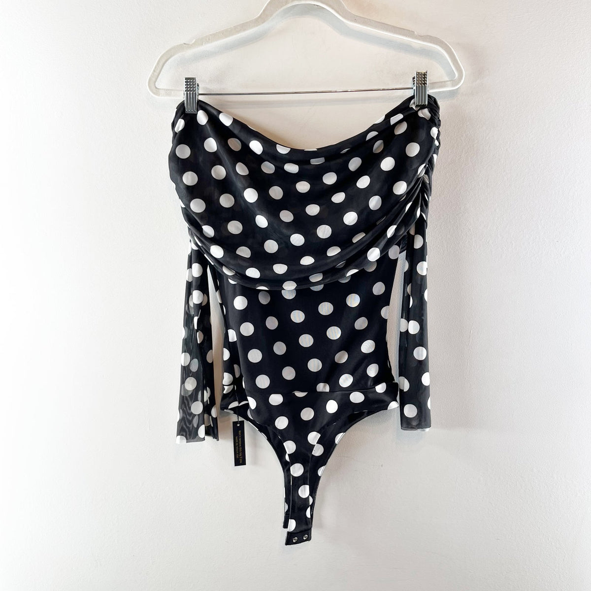 AFRM Maxine Off Shoulder Polka Dot Bodysuit Top Black White XS
