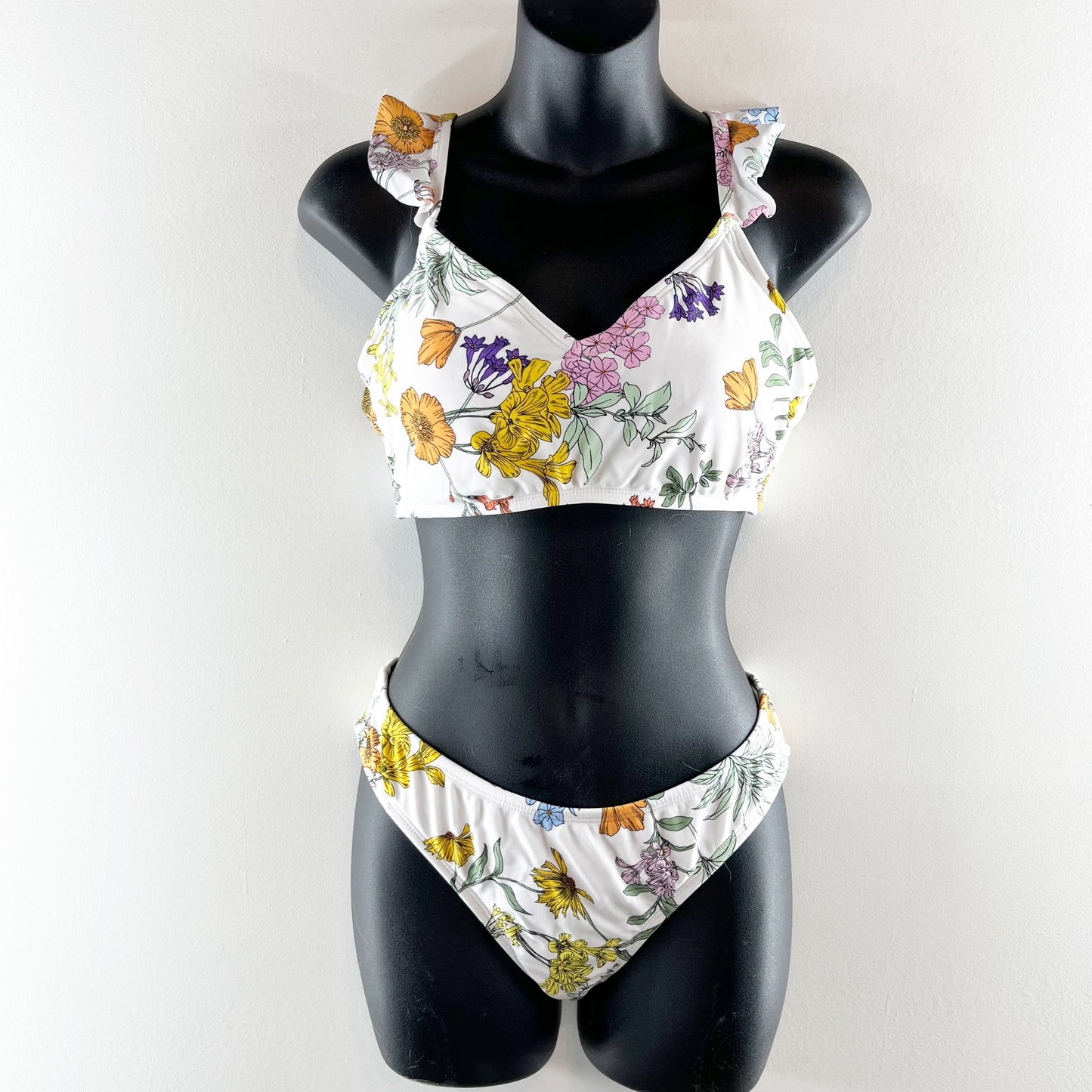 Kona Sol Ruffle Strap Floral Two Piece Bikini White Medium