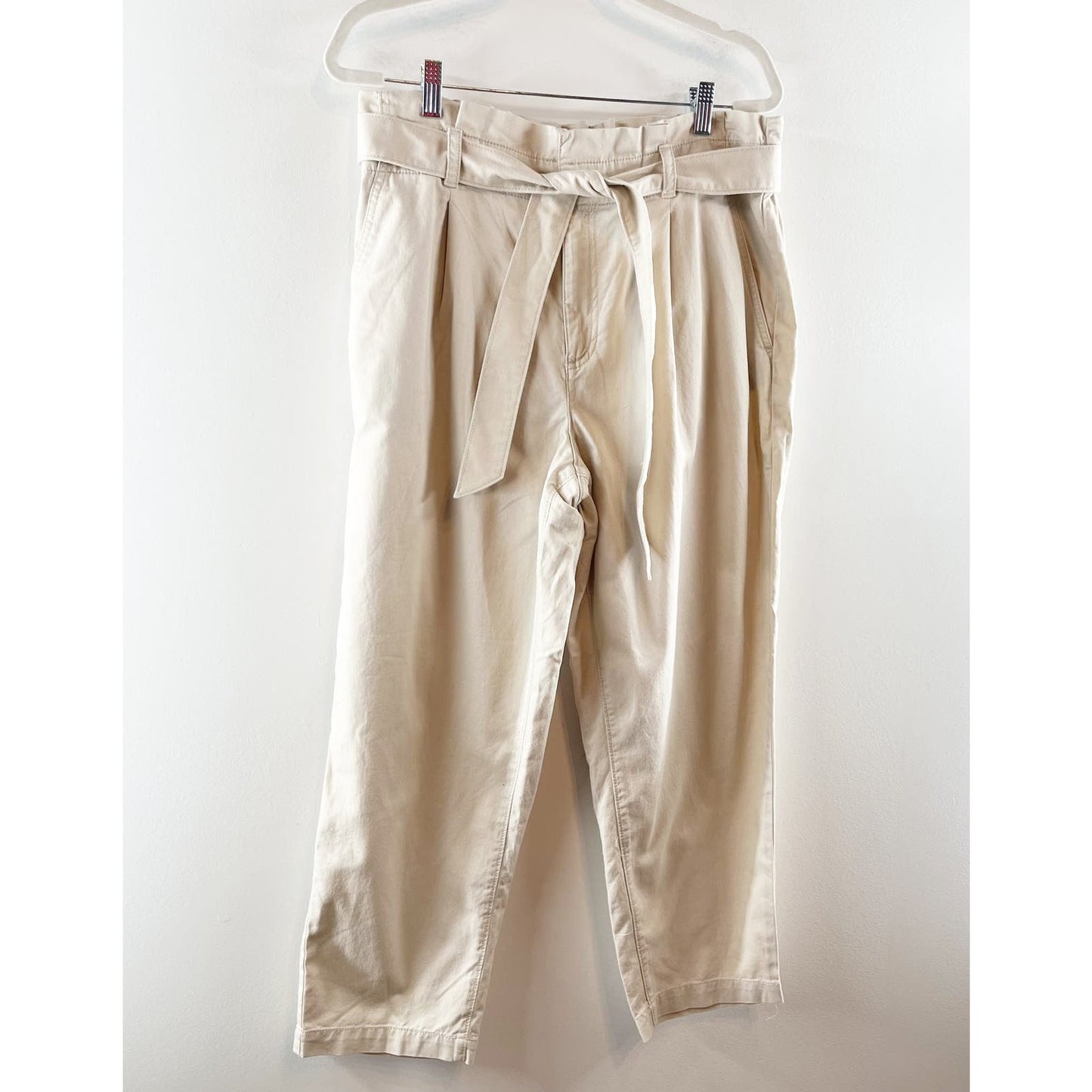 Loft Paperbag High Waisted Belted Tapered Straight Leg Pants Khaki Tan 14