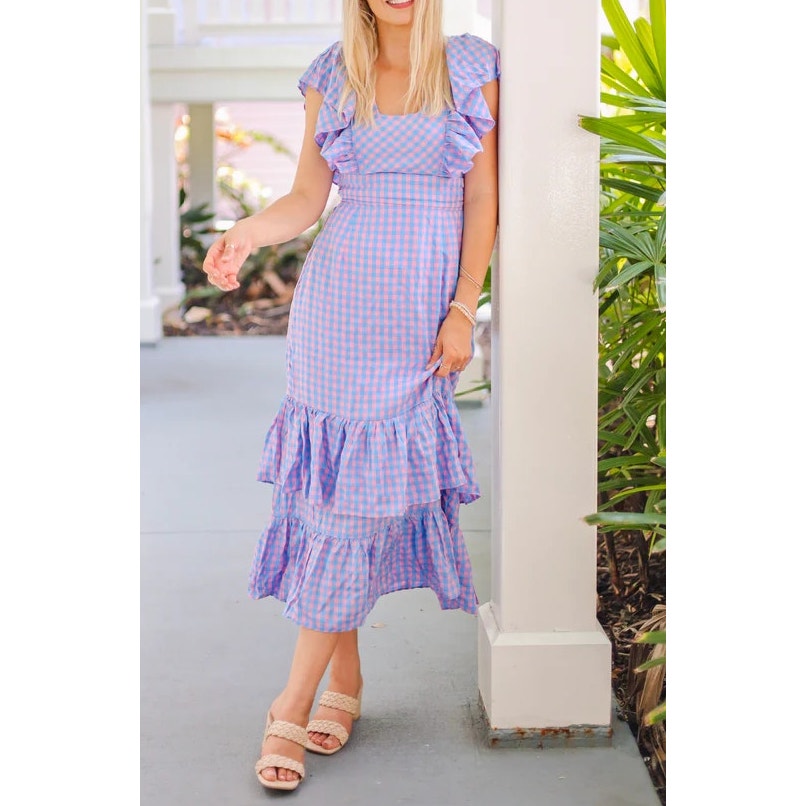 strapless open back dress Entro Entro Gingham Print Flutter Sleeve Square Neck Maxi Dress Purple Pink Medium | Sz: M