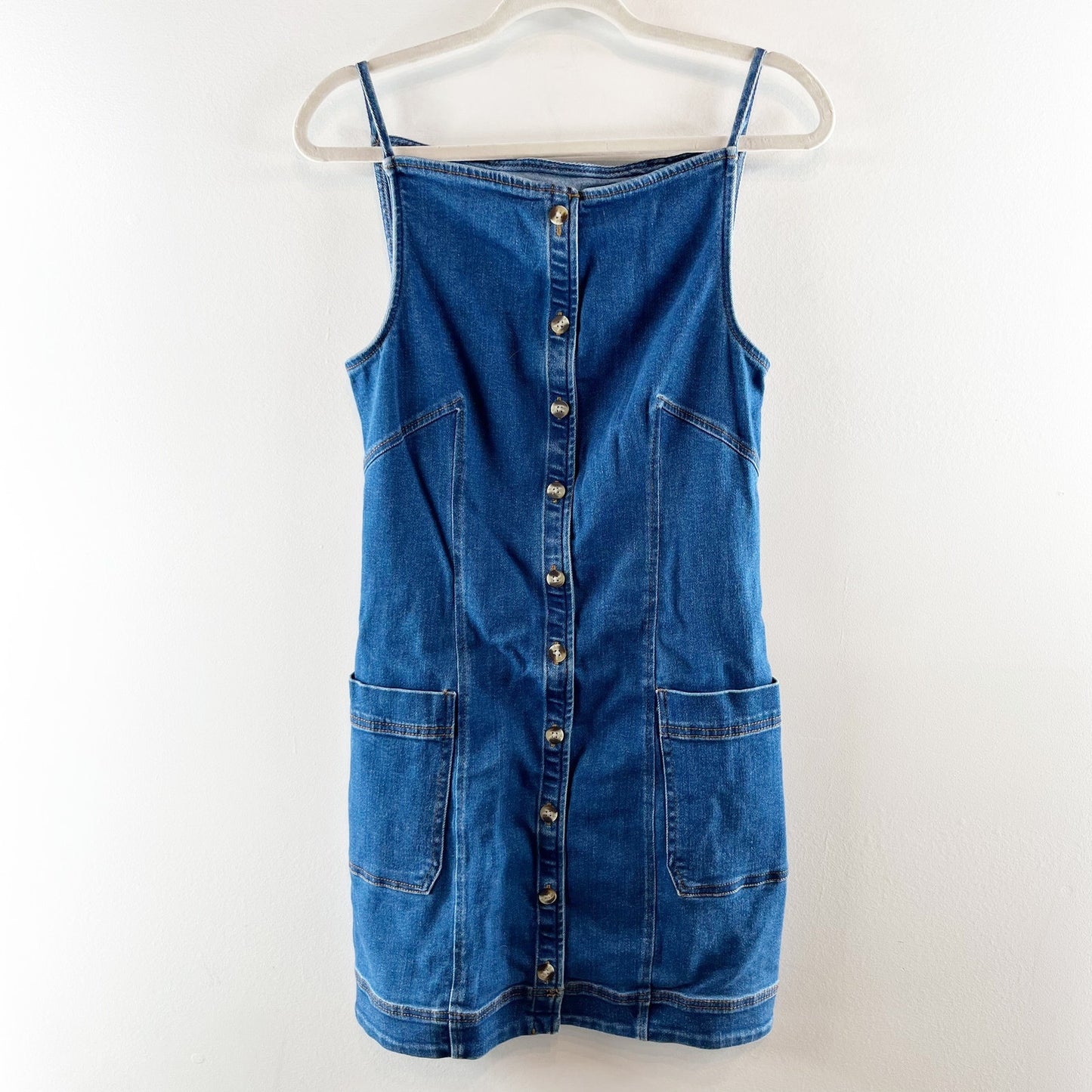 Maeve Anthropologie High Square-Neck Button-Front Denim Mini Dress Blue Medium