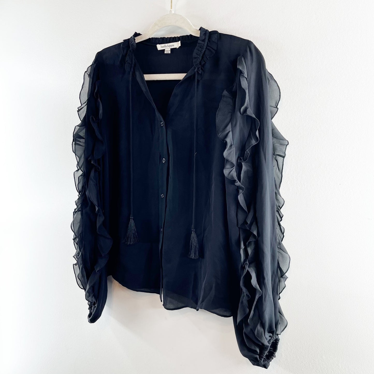 Haute Hippie Ruffled Long Sleeve Button Up Blouse Top Black Small