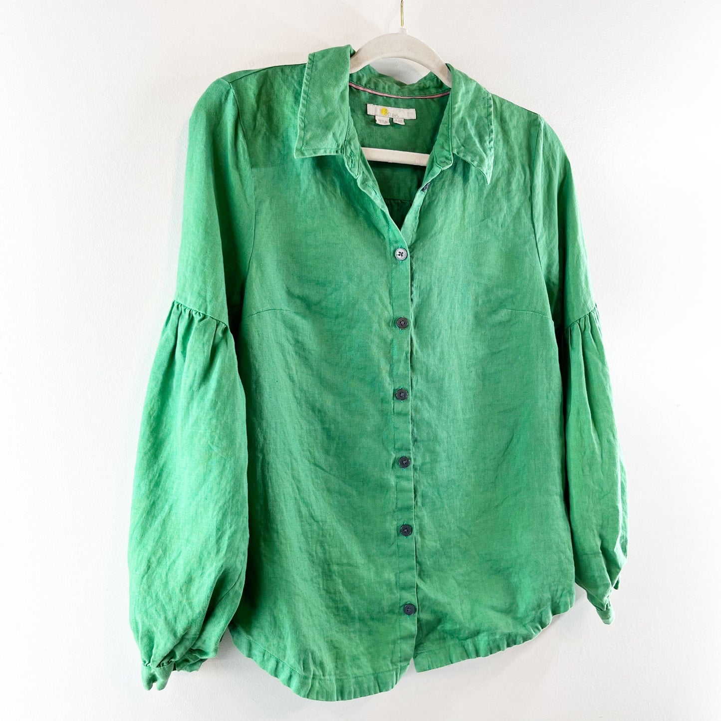 Boden Linen Button Down Long Puff Balloon Sleeve Shirt Blouse Green 8
