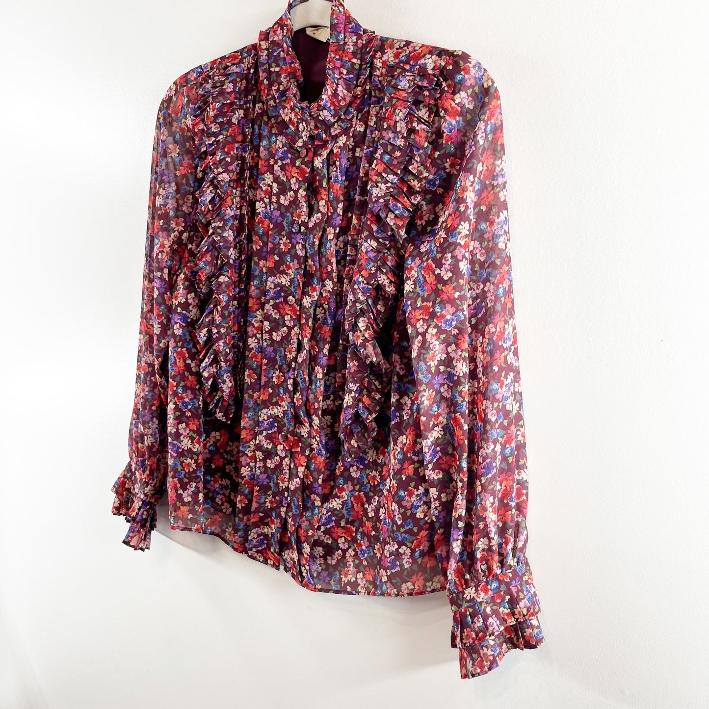 Sezane Dany Button Up Shirt Blouse Floral Ruffle Long Sleeve Purple 34 / US 2-4