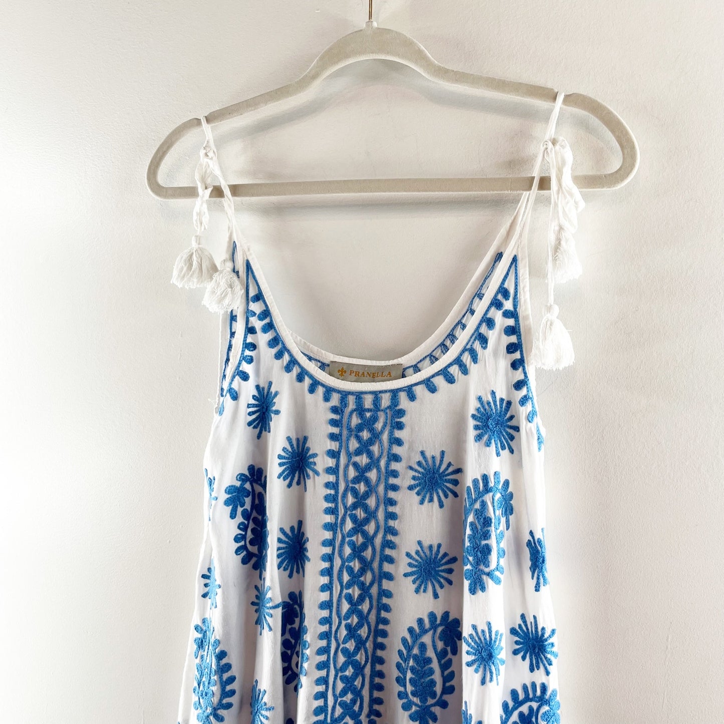 Pranella Tie Strap Embroidered Swim Mini Cover Up Dress White Blue Small
