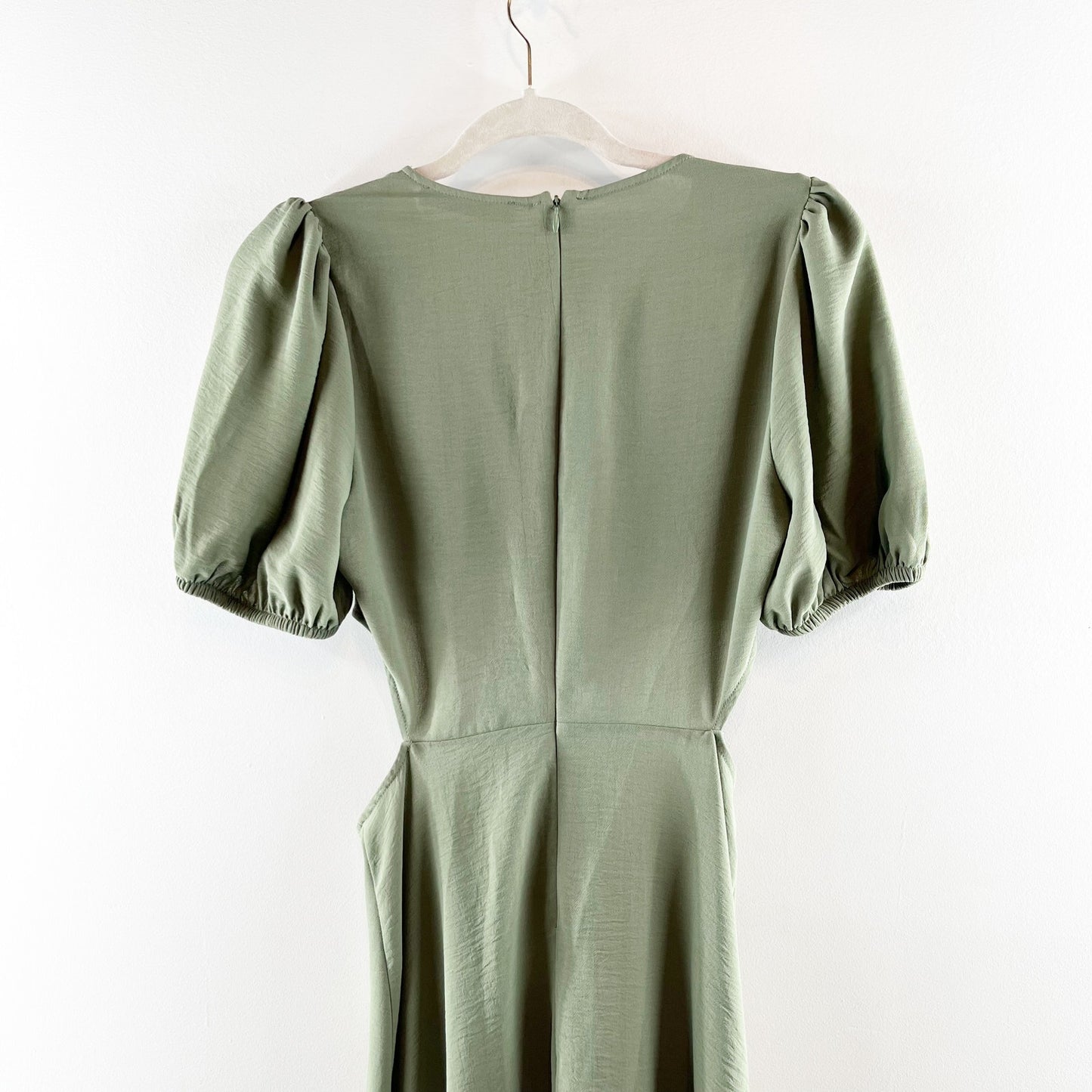 Zara Short Puff Sleeve Round Neck Cut Out A-Line Midi Dress Green Small