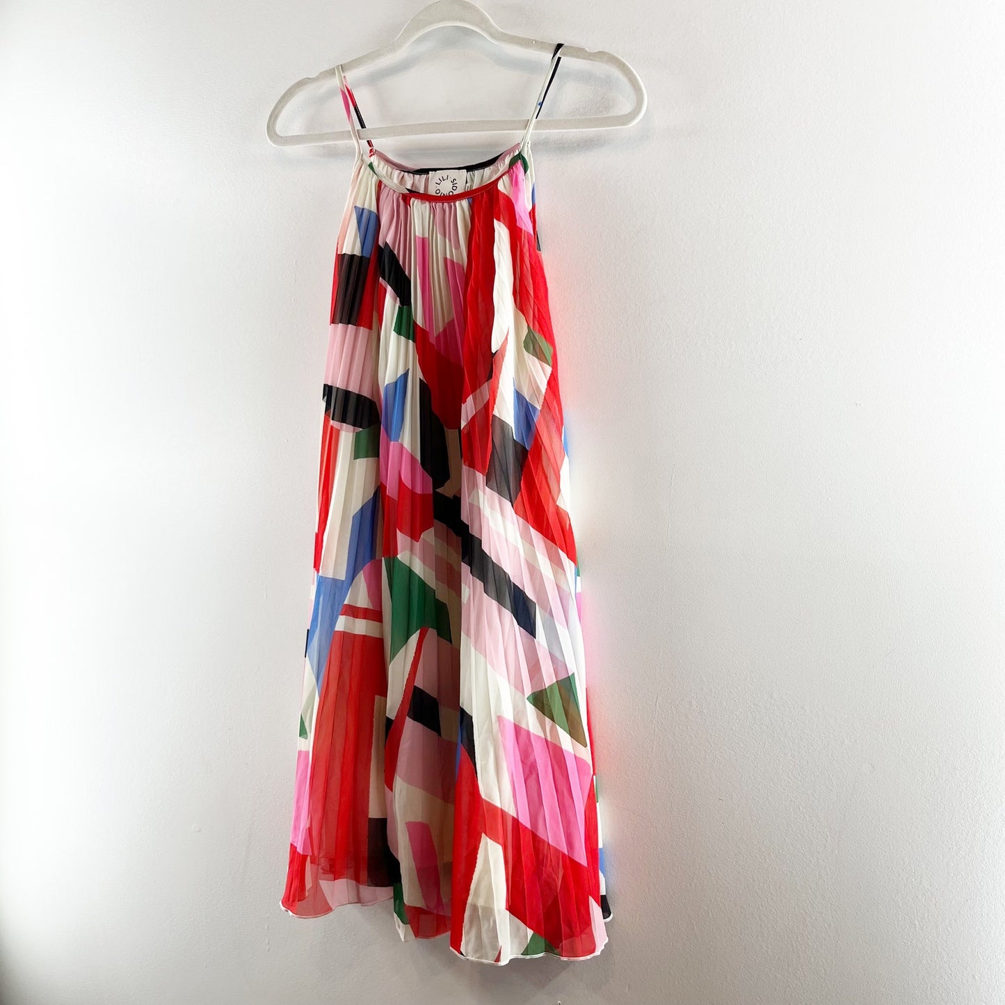 Molly Bracken Tara Sleeveless Geo Print Plisse Pleated Mini Dress Pink Large