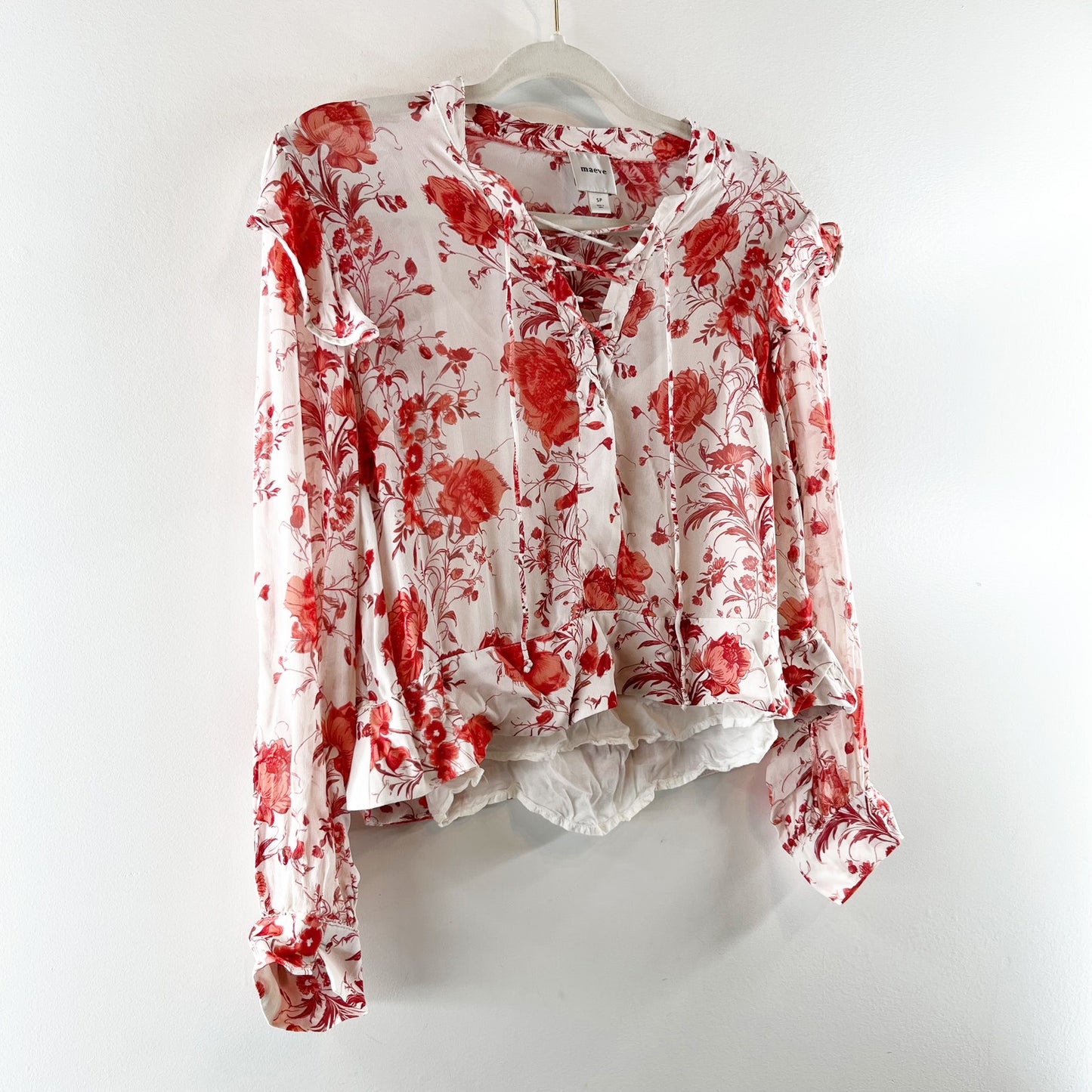 Maeve Floral Print Long-Sleeve Lace-Up Ruffled Sheer Blouse White Red Small P