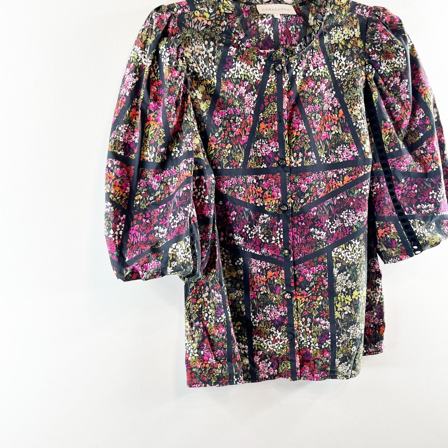 Caballero Celeste Puff Sleeve Floral Print Blouse Top Green Purple Small