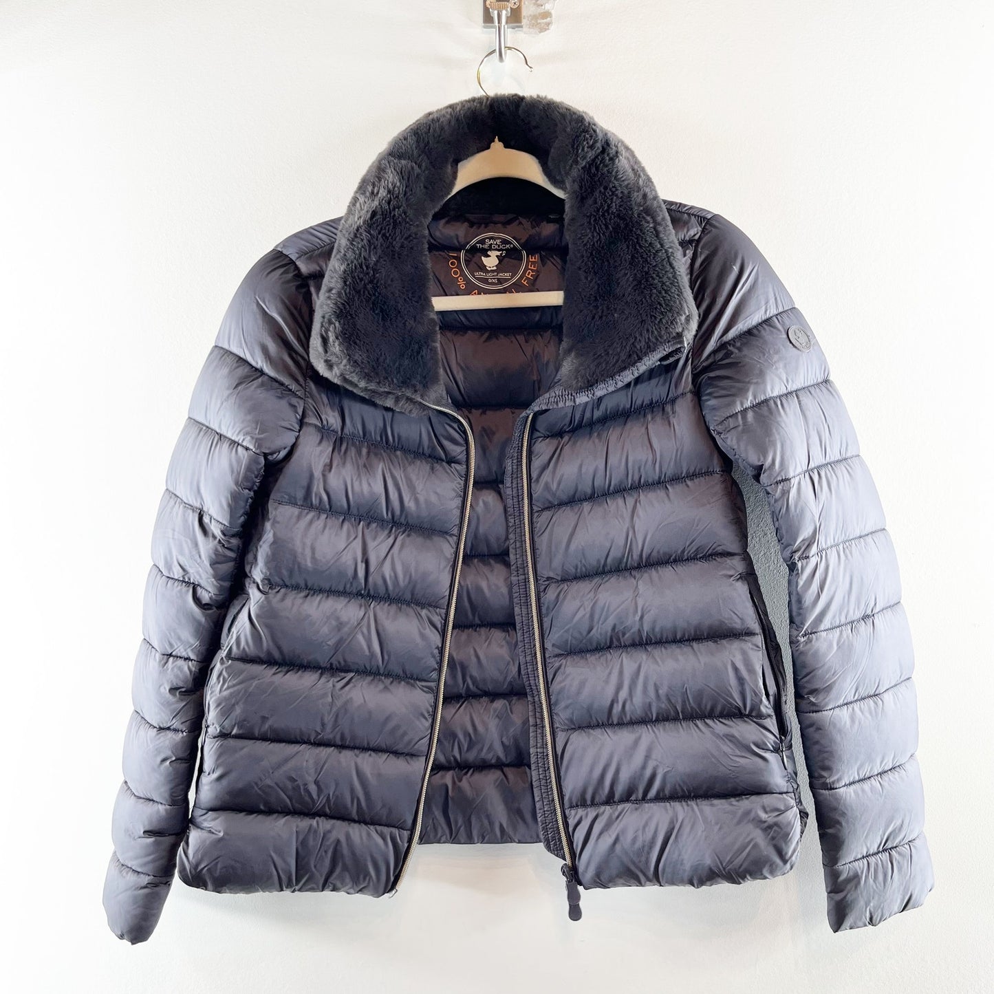 Save The Duck Mei Faux Fur Collar Puffer Coat Jacket Black XS