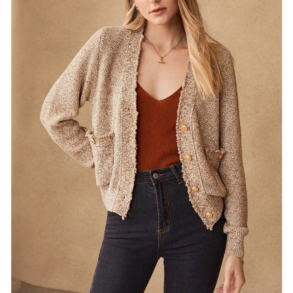 MOTF Distressed Cropped Slouchy Cardigan Sweater Khaki Tan Large