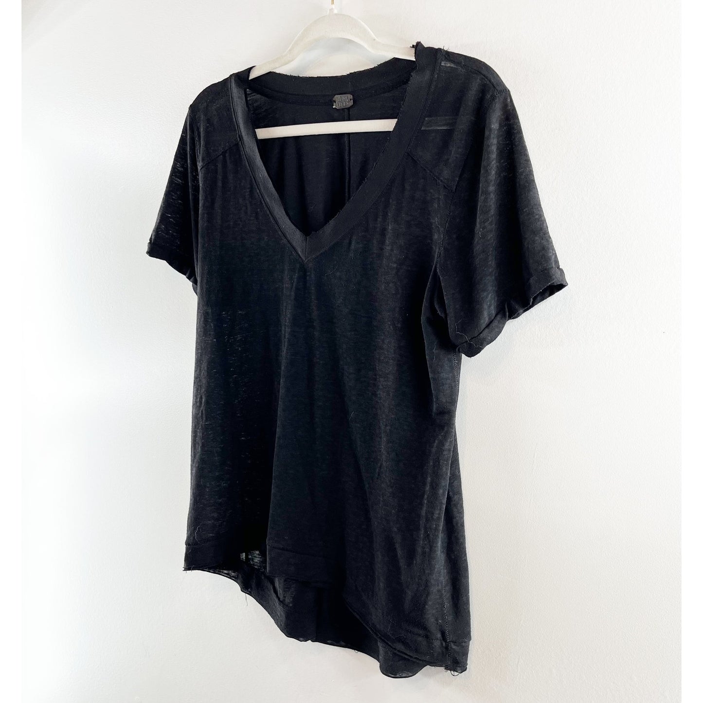 Free People V Neck Short Sleeve Linen Blend T-Shirt Black Small